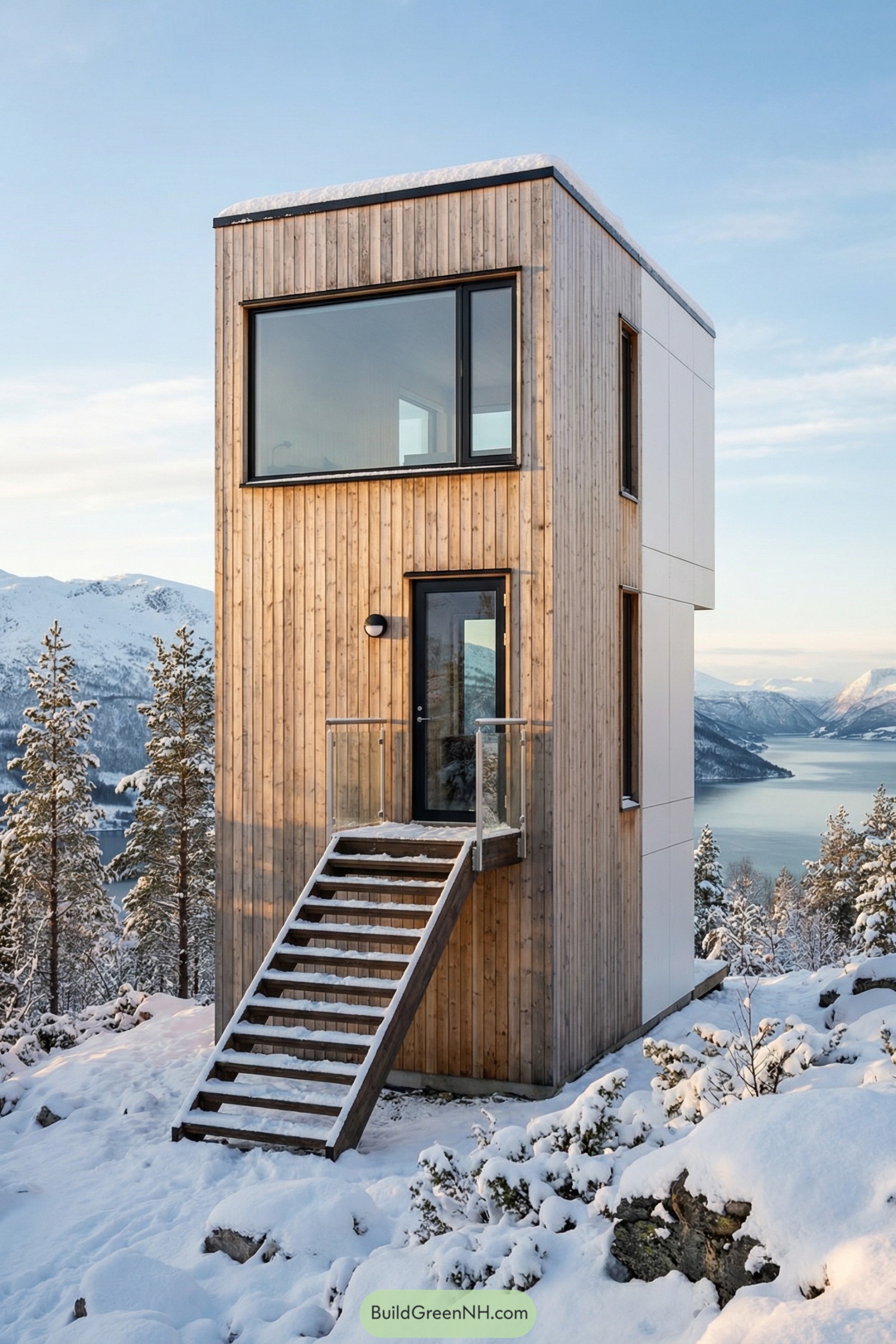 Tall narrow wooden cabin on a snowy hillside overlooking a fjord and mountains