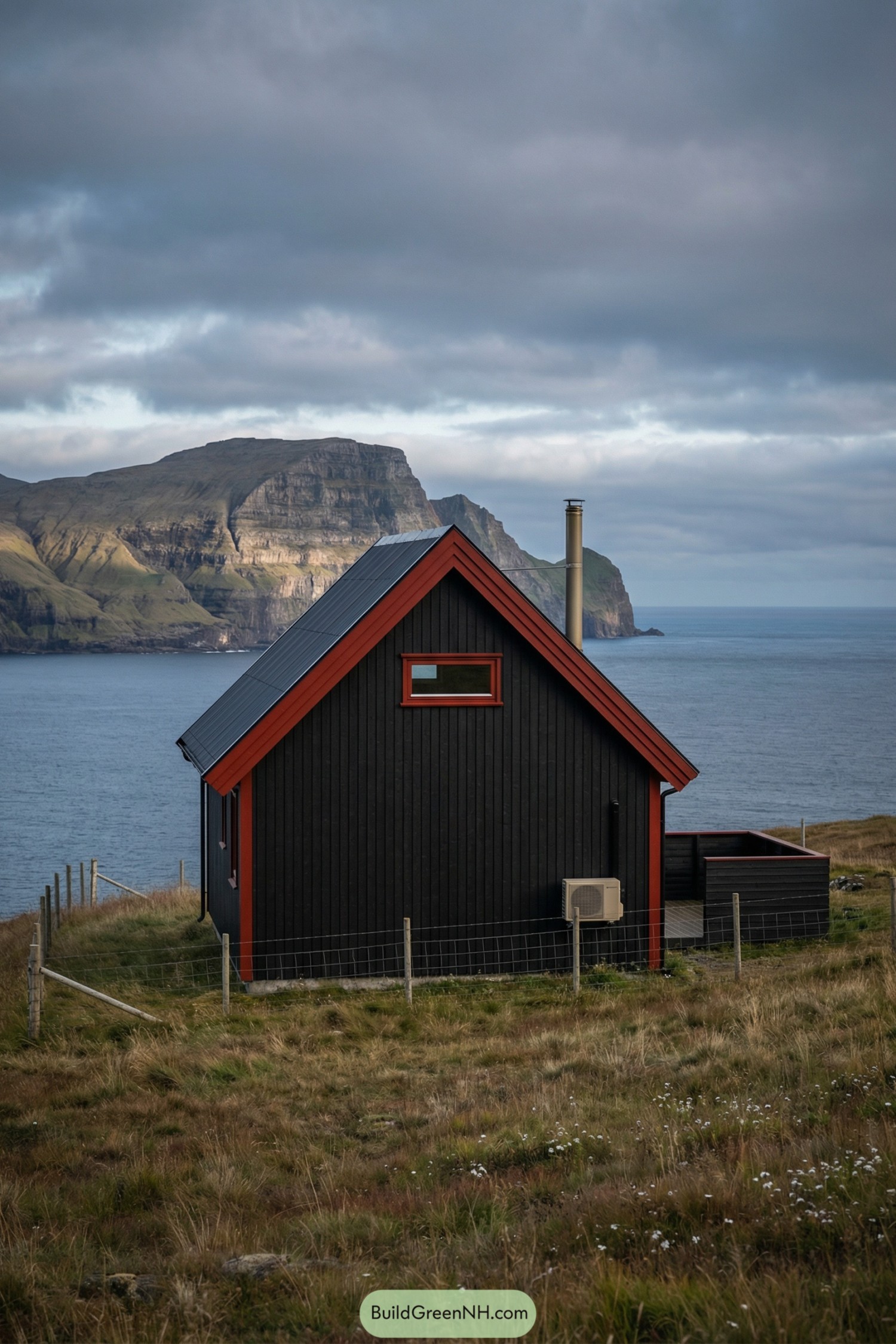 Small black-clad cabin perched on grassy seaside bluff with dramatic cliffs in the background