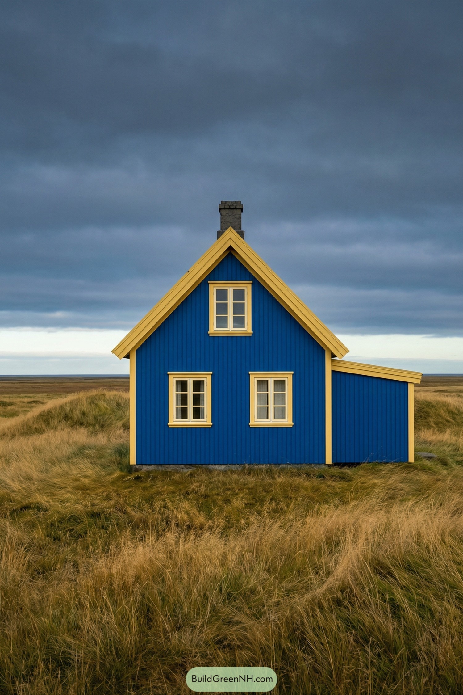 Bright blue cottage with yellow trim in grassy coastal field beneath dark clouds
