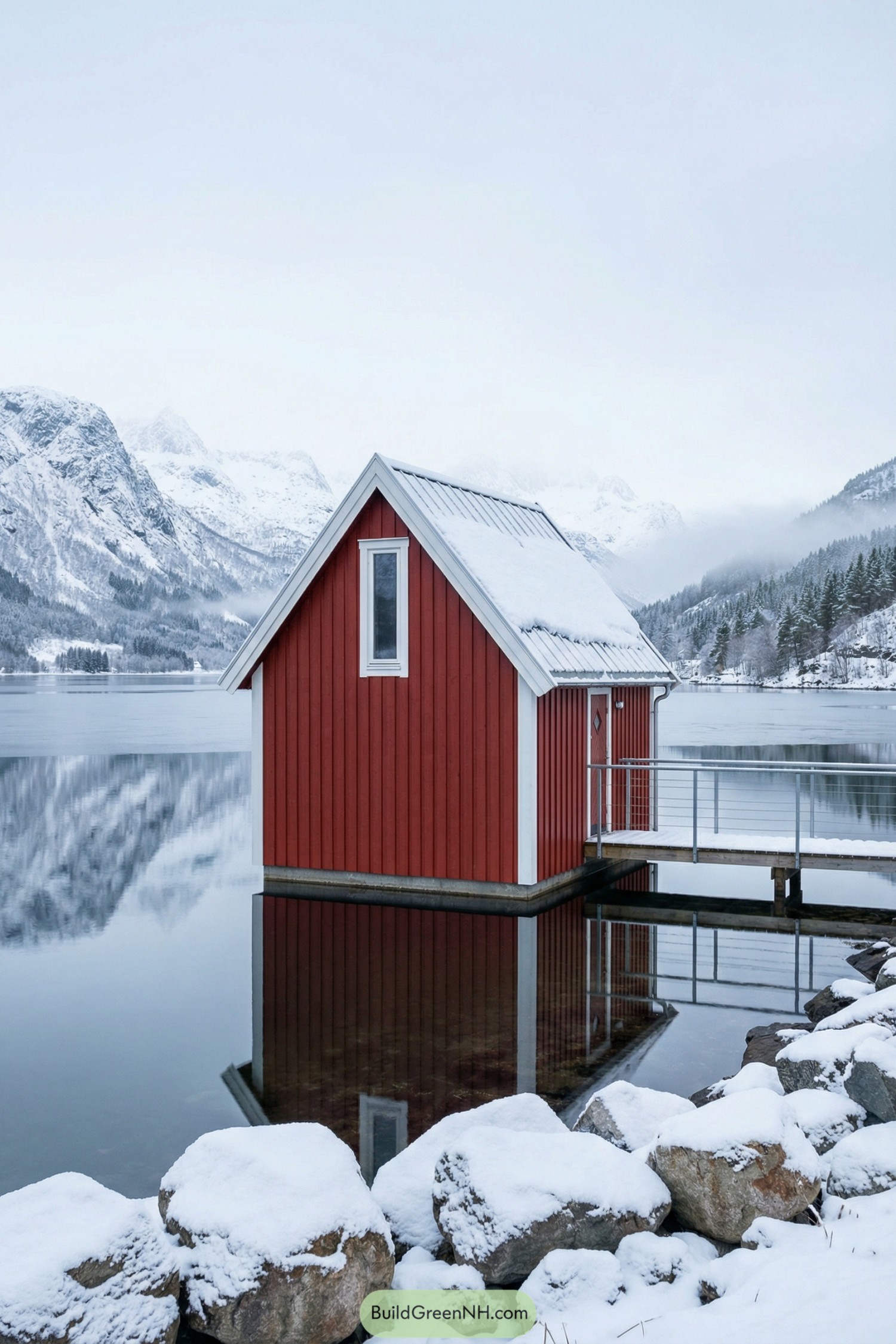 Red floating cabin on calm snowy lake