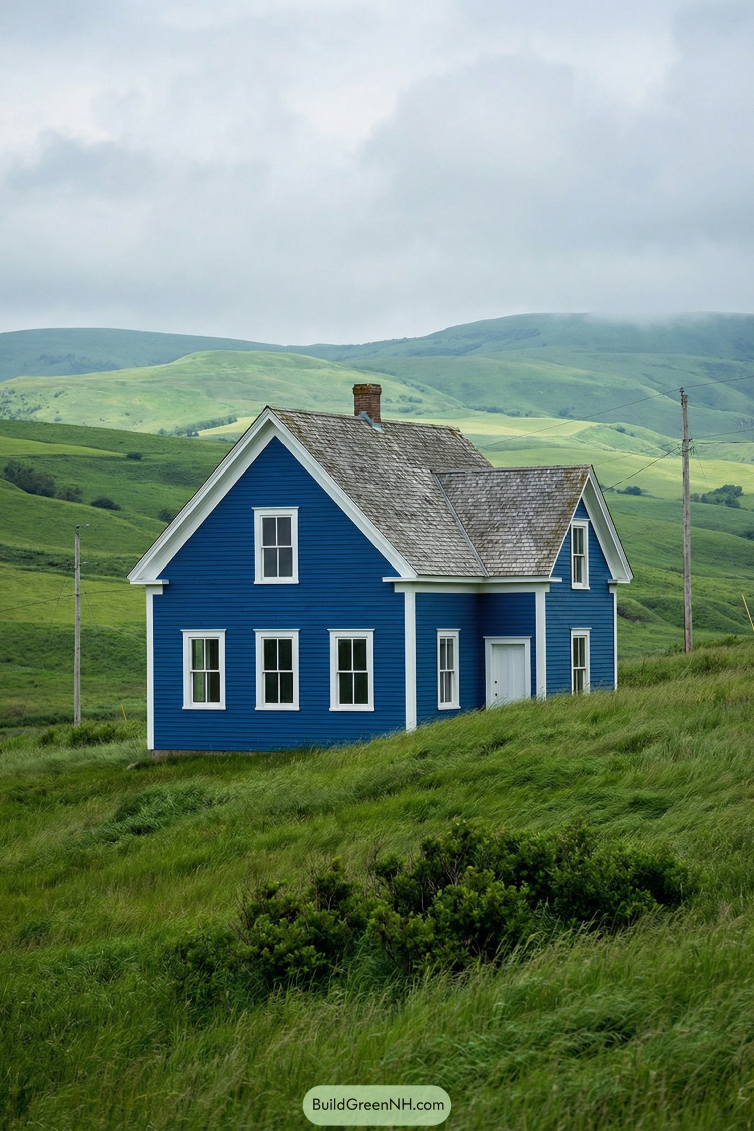 Bright blue farmhouse sitting alone in rolling green countryside