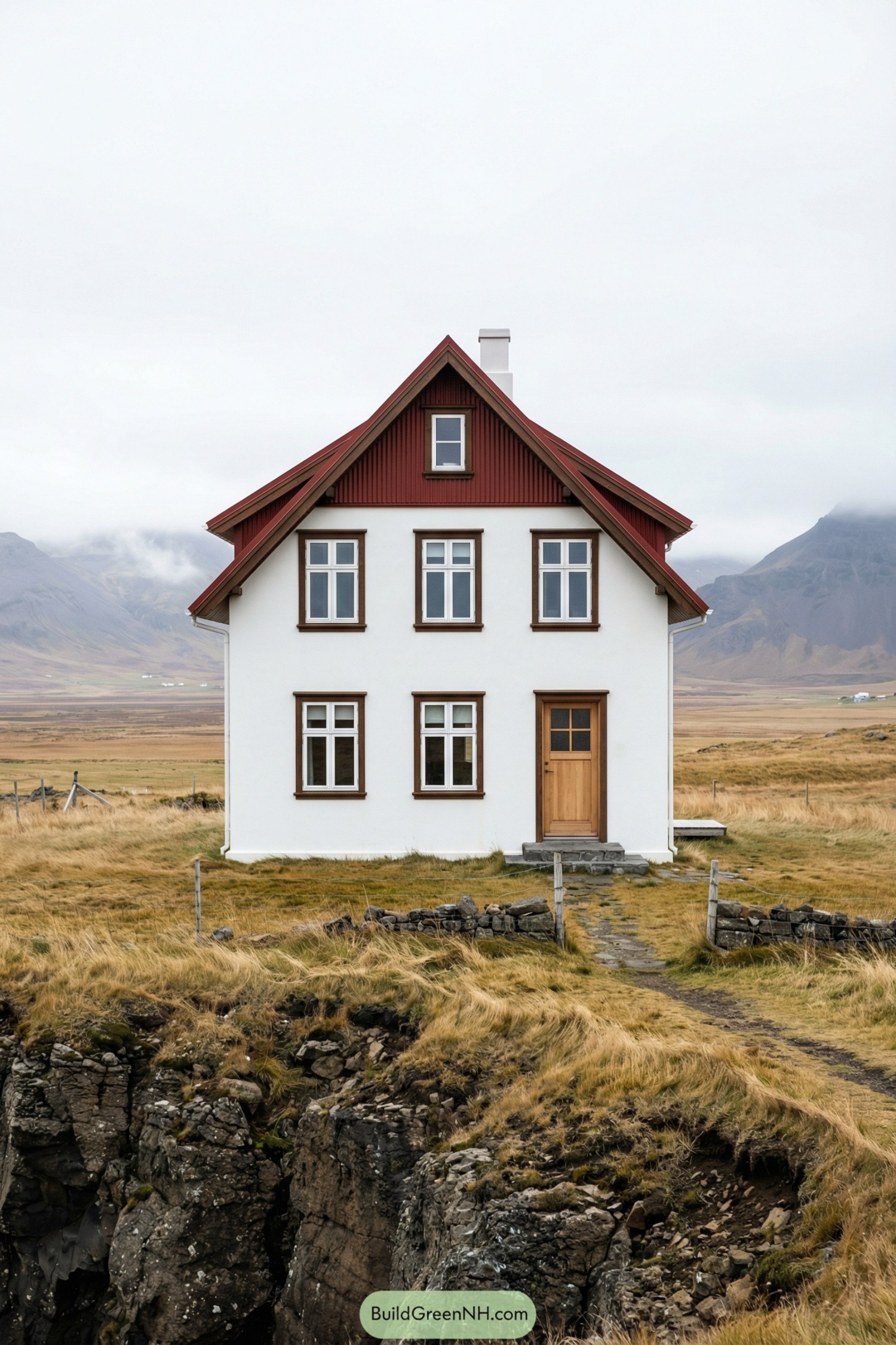 White three-story cliffside house with red gabled roof and wooden door in a wide grassy landscape