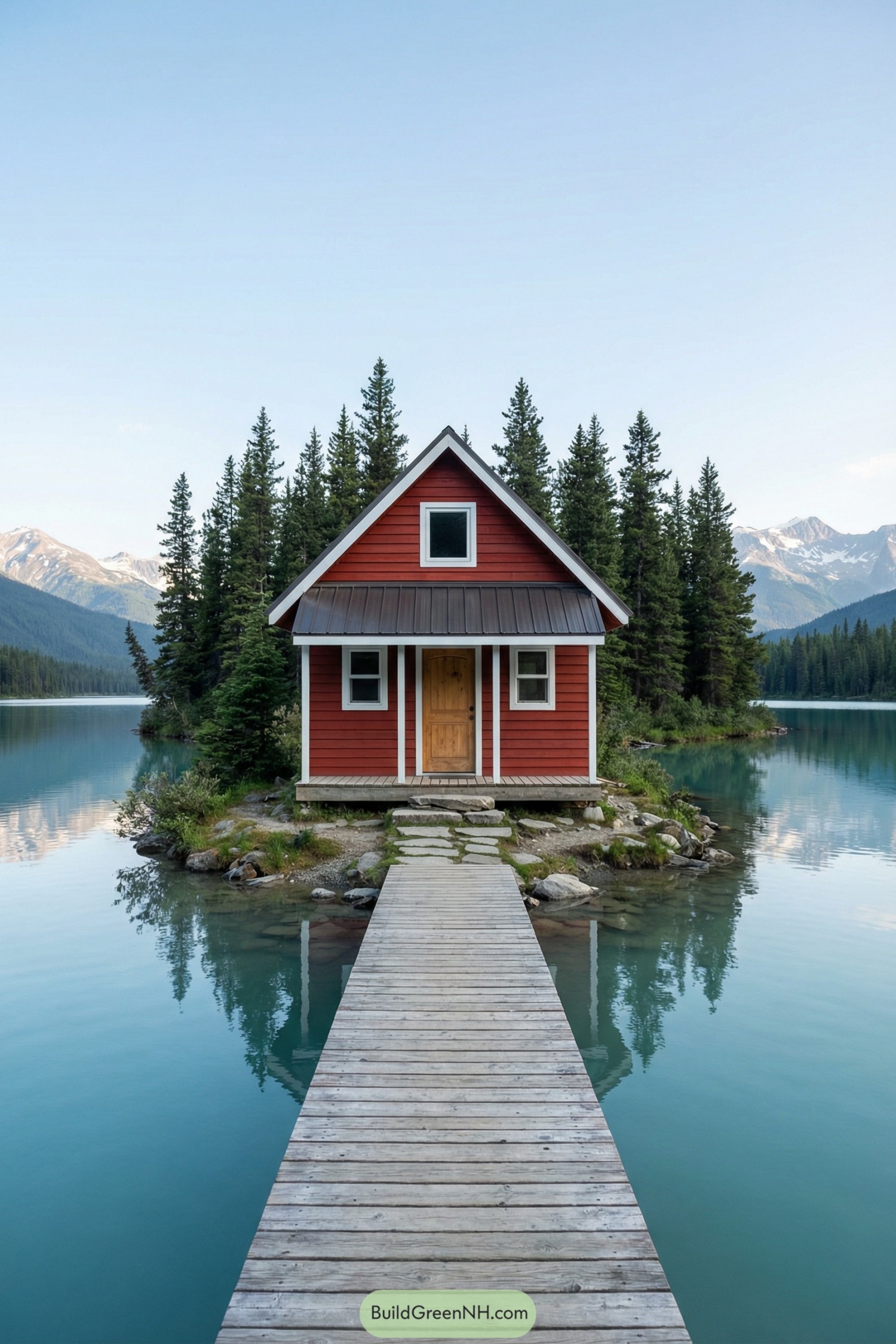 Small red cabin on tiny forested islet, reached by a narrow wooden boardwalk across calm blue water