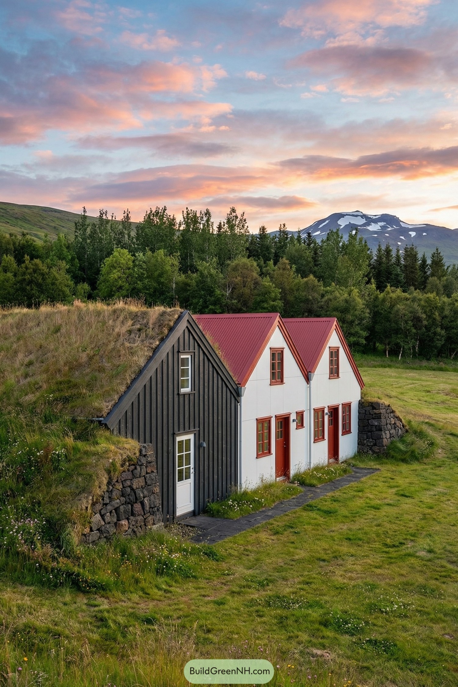 Turf-roofed cottage and red-roofed annex nestled into grassy hillside with mountain backdrop