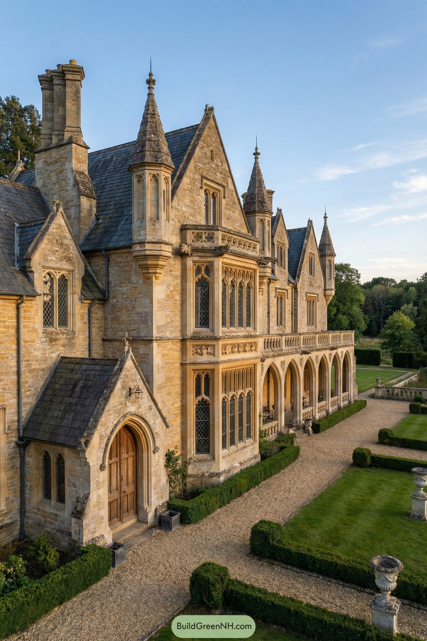 Long stone Gothic manor with arches and manicured grounds