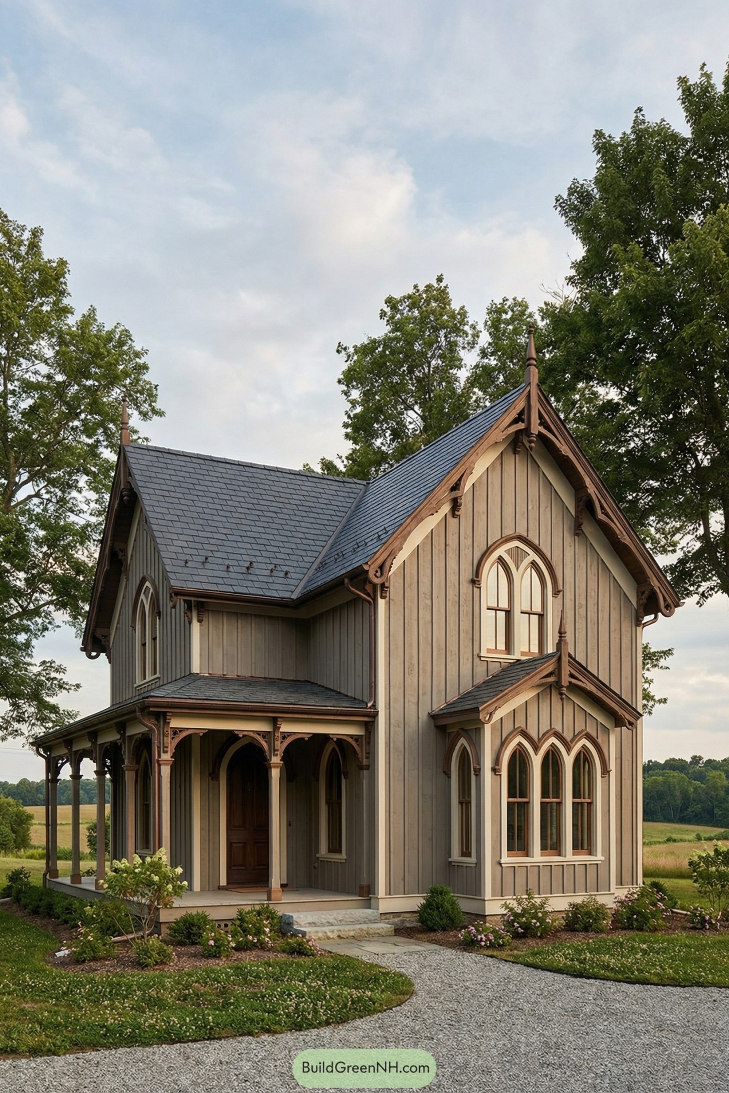 Two-story rural Gothic-style cottage with arched windows, steep roof, and a wraparound porch set in open countryside