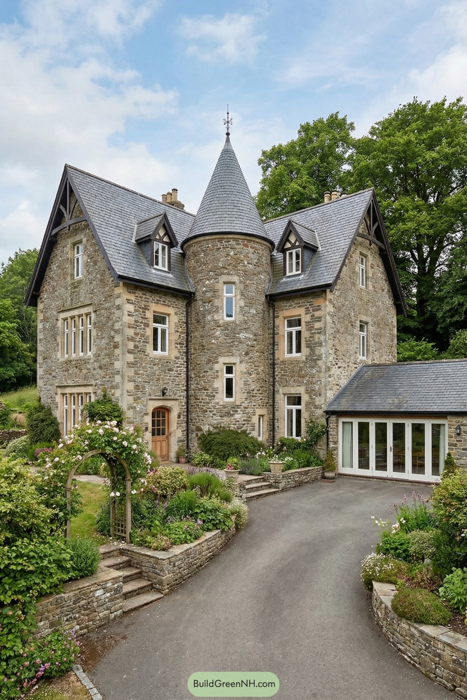Stone country house with central round turret, steep slate roofs, and lush cottage gardens along a curved drive