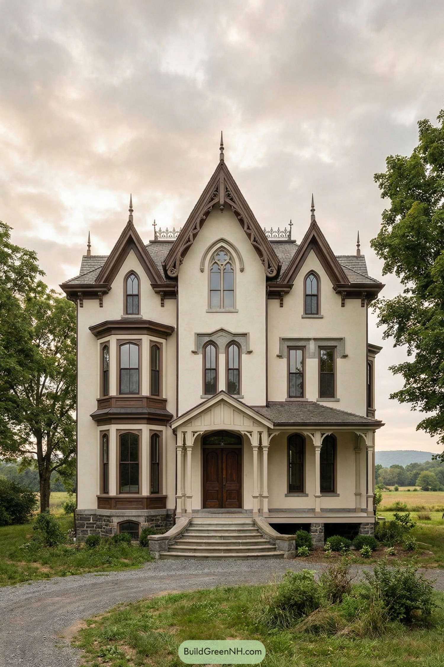 high-res photo of rural gothic house, asymmetrical three-story facade with steep central front gable and multiple cross gables, vertical emphasis, ornate carved bargeboards, finials and ridge cresting, subtle buttress-like corner trims, walls in pale cream stucco over a darker stone basement, contrasting dark walnut-toned wooden trim and window casings, compact central block with projecting side pavilion and rear wing, steep multi-gabled slate roof in deep charcoal gray with small dormers and decorative iron cresting, tall narrow windows in mixed pointed-arch and rectangular shapes, grouped in pairs and triples with mullions, stone sills, and subtle hood molds, prominent central upper window with simple tracery in the main gable, faceted bay window on the side elevation rising two stories with many small panes, main entrance reached by broad curved stone steps leading to a raised porch, porch with slender turned posts, light gothic brackets, and a small front gable echoing the main one, heavy double wooden entry door in dark stained wood with vertical panels and narrow glazed inserts, small side veranda and a modest rear terrace with low stone balustrades, loosely formal landscaping with a curved gravel drive and path, slightly unkempt lawn, low shrubs and foundation plantings, tall mature deciduous trees framing the house, distant open fields and soft rolling hills in the background, overcast sky with gentle warm light creating soft shadows, calm rural setting with a slightly dramatic, picturesque atmosphere, real-life photo, high-resolution, architectural photography, soft lighting, cinematic composition.