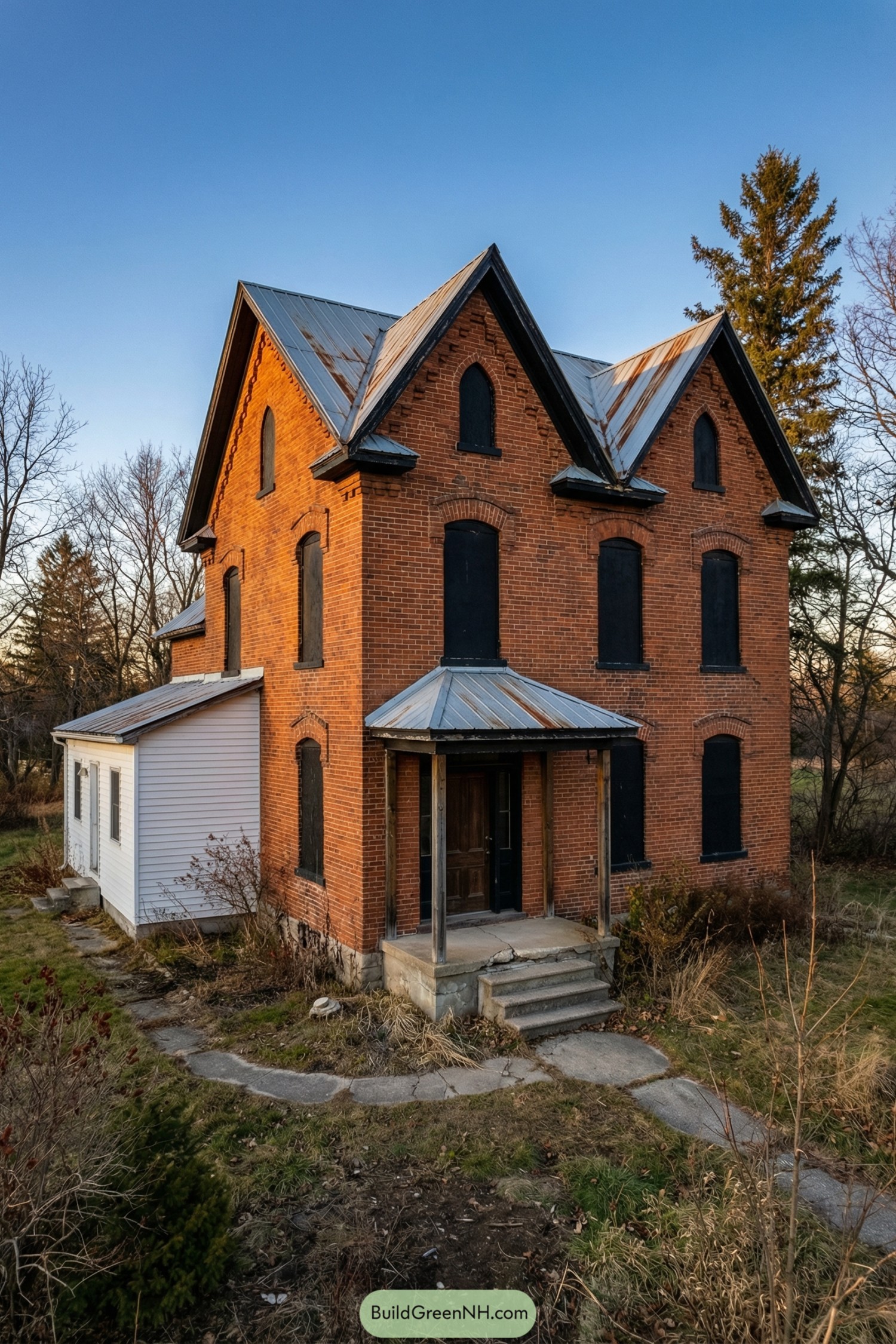 Two-story red brick gothic farmhouse with steep gables, boarded arched windows, and a small metal-roofed porch. White clapboard wing extends from the side, set in a rough overgrown yard