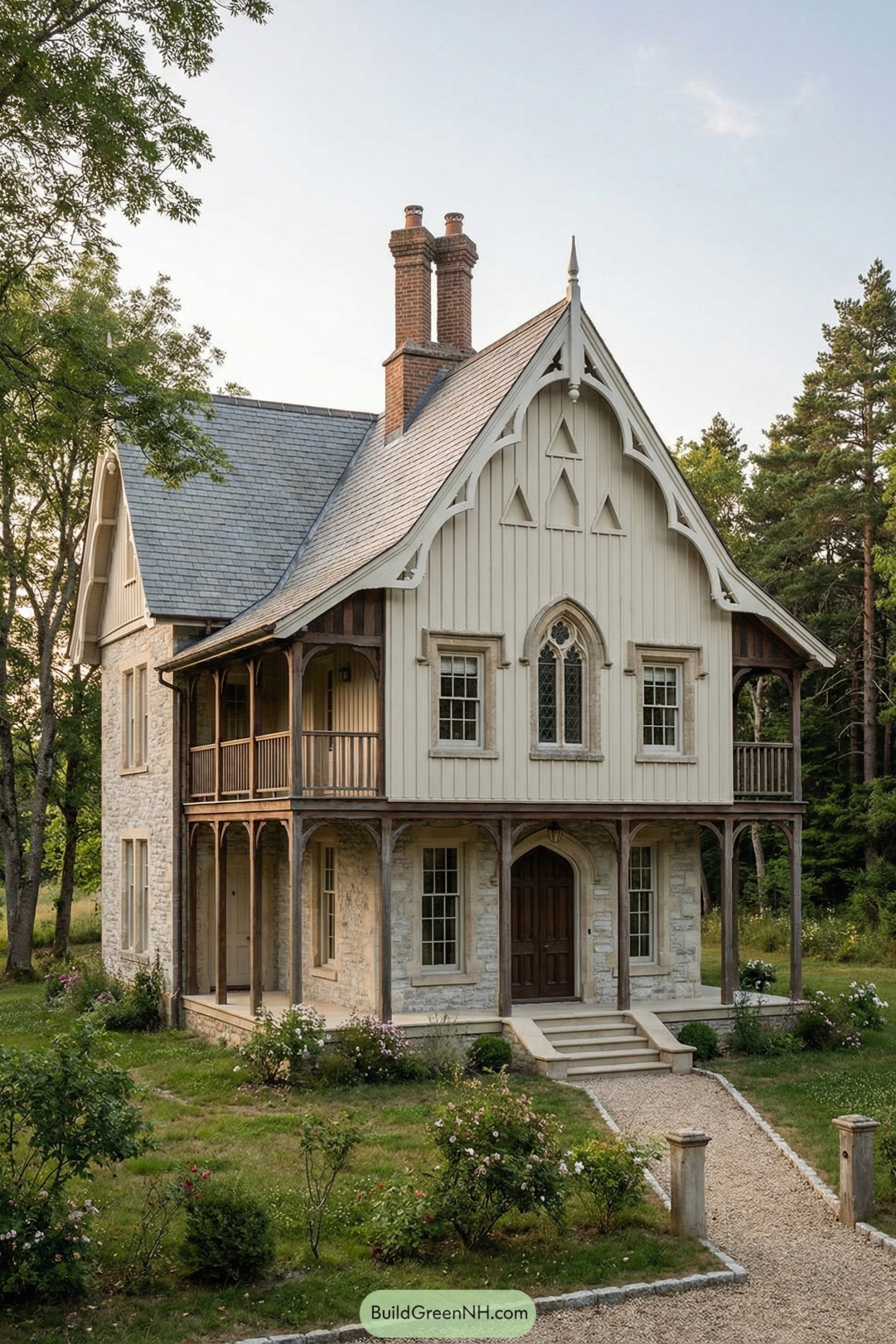 Two-story rural gothic house with steep gables, stone walls, and wraparound porch