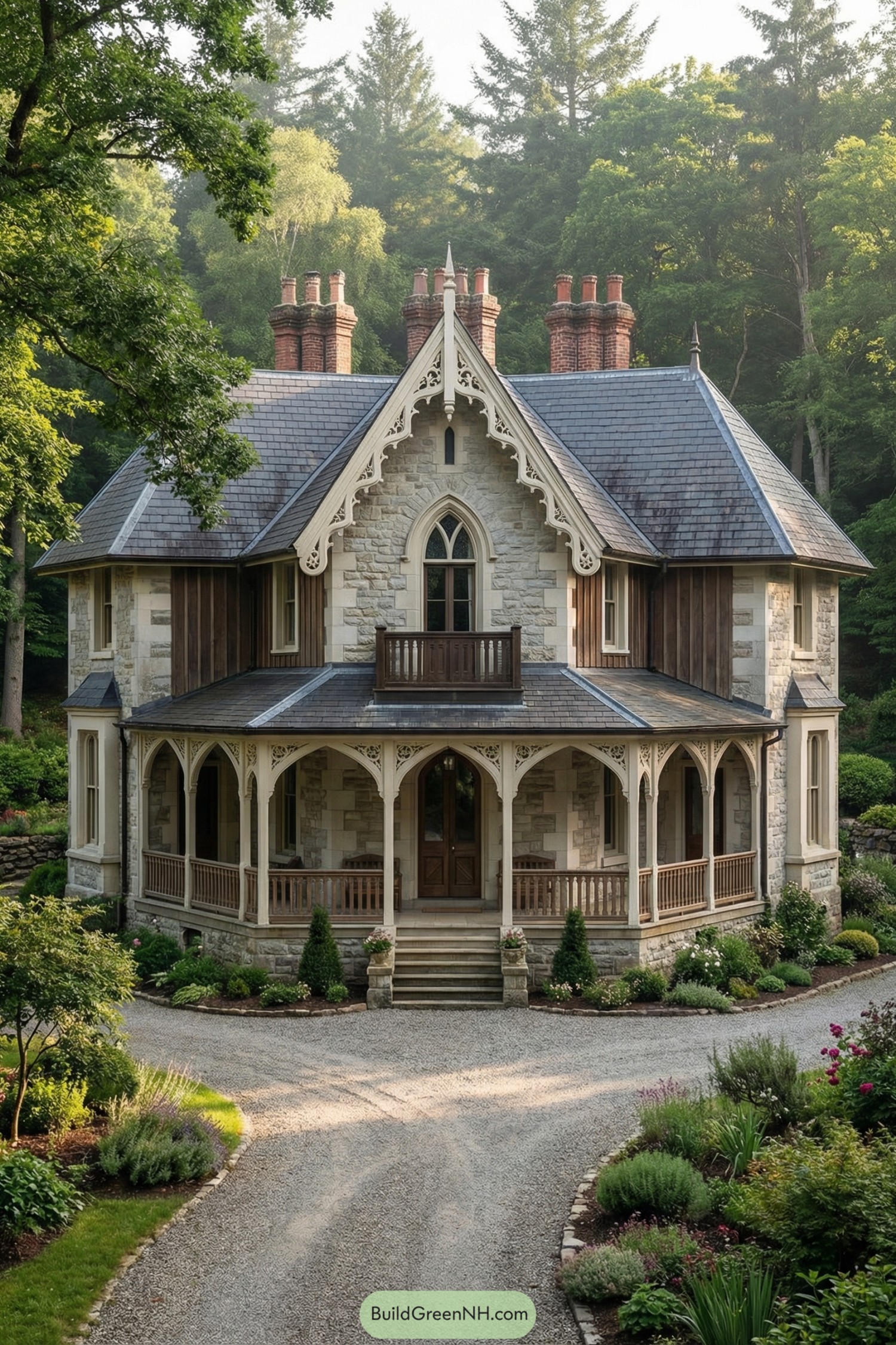 Stone-clad rural Gothic house with wraparound porch, ornate trim, and tall brick chimneys nestled in lush greenery
