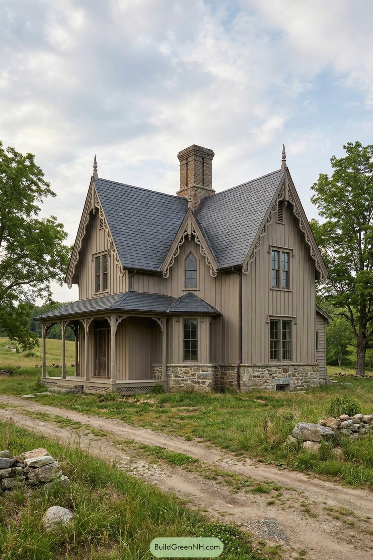 Taupe board and batten gothic farmhouse with steep slate gables, stone base, and wraparound porch in a rural meadow