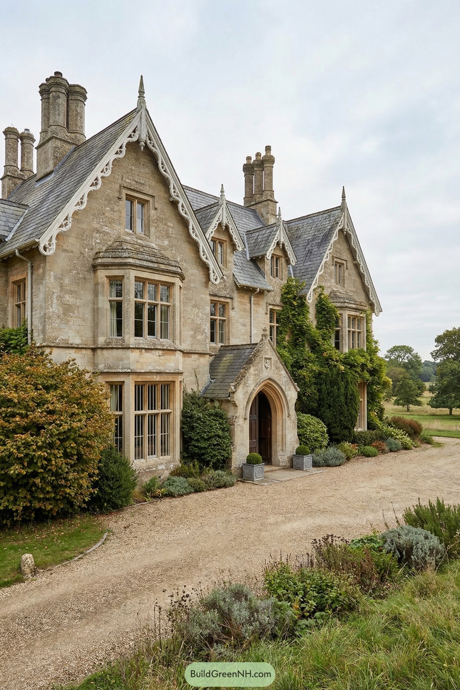 Stone gothic country house with steep gables ivy and ornate trim