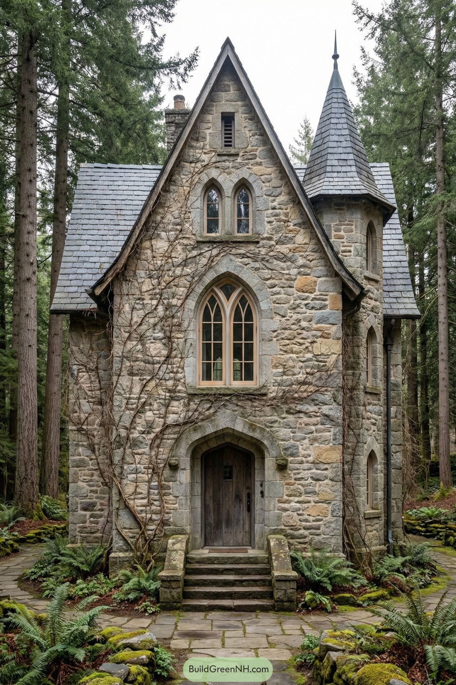 Stone gothic cottage with steep slate roof, turret, arched windows, and vine-covered walls nestled in a forest