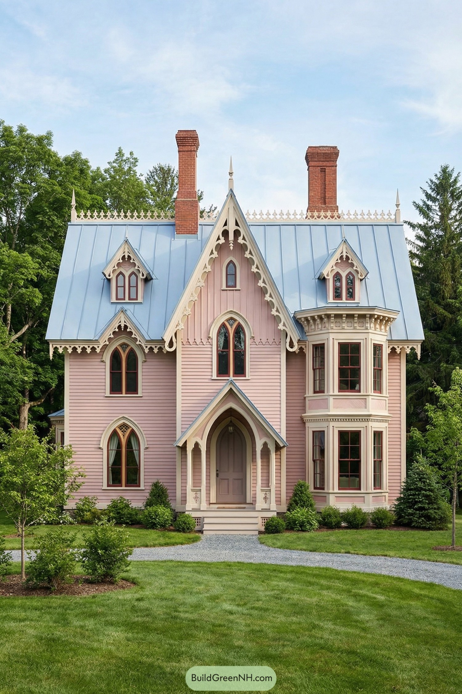Pink Gothic cottage with blue metal roof and ornate trim