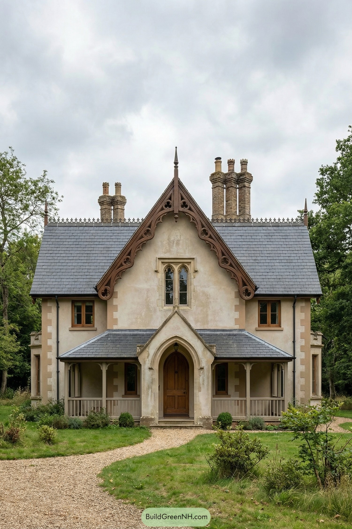 Two story cream colored rural Gothic house with steep slate roof ornate bargeboards tall brick chimneys and a small front porch along a curving gravel path