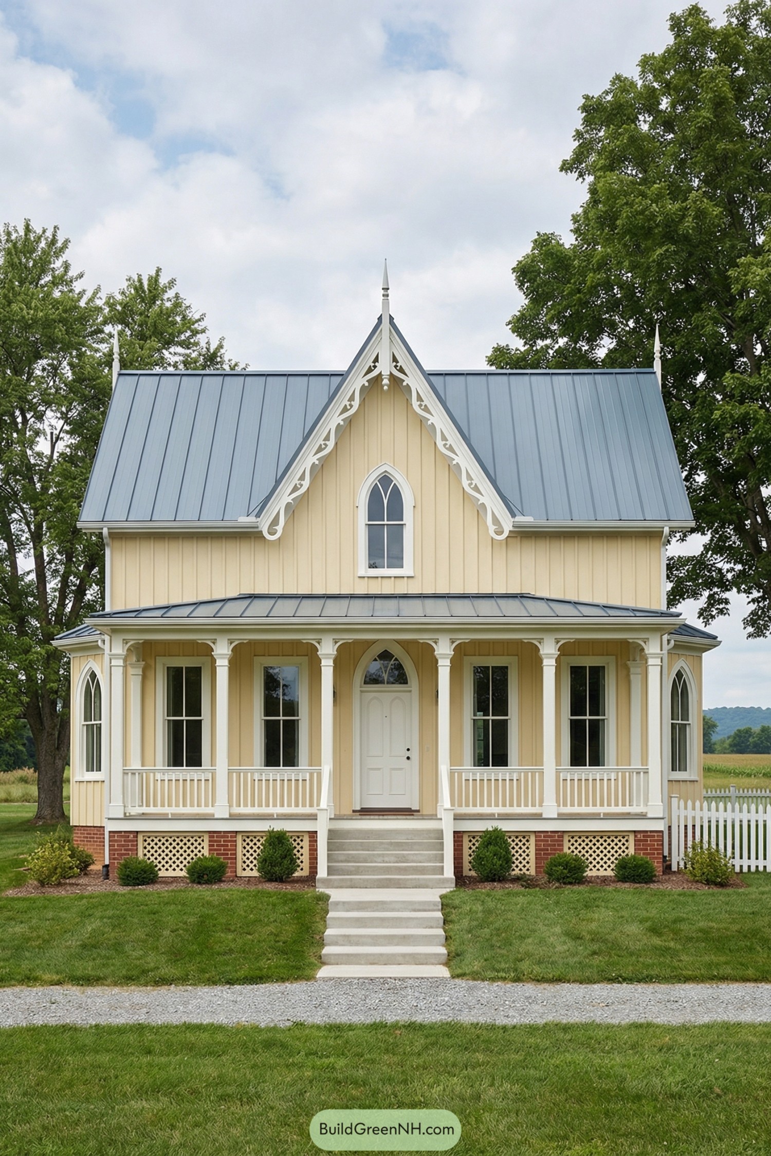 Creamy yellow Gothic cottage with steep metal roof and wraparound porch