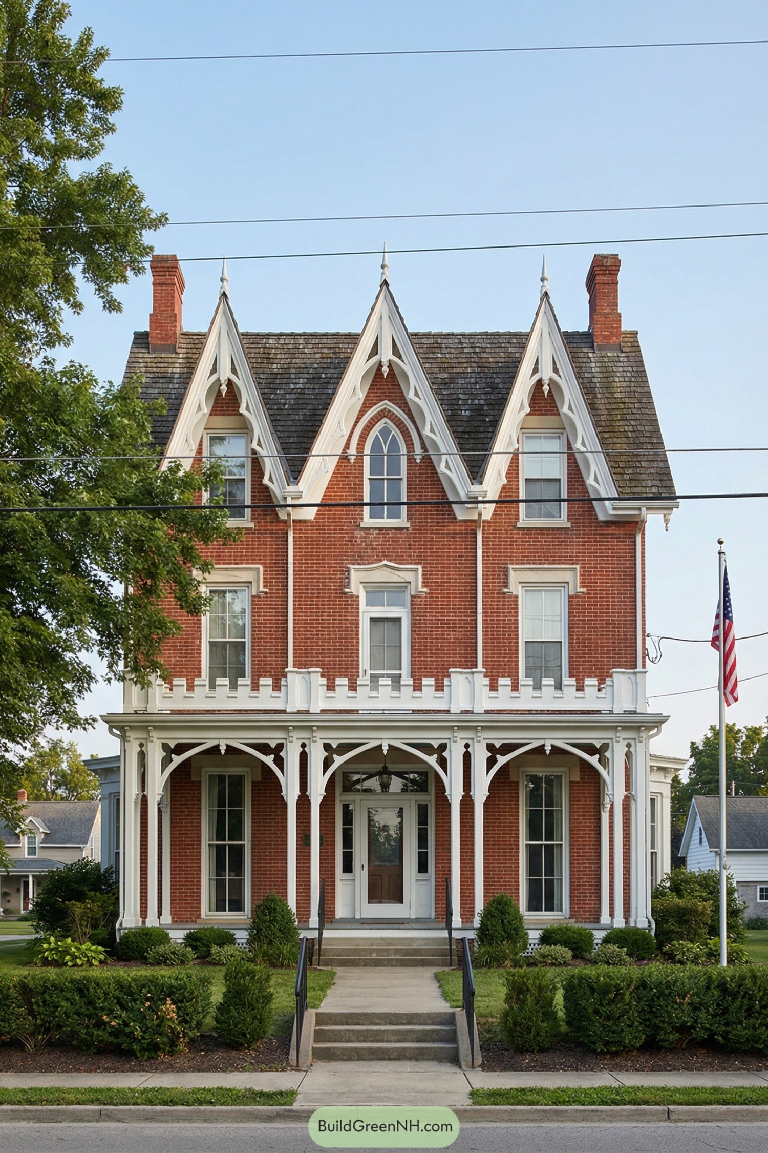 Tall red-brick Gothic house with three steep front gables, ornate white trim, and a columned porch facing a tidy lawn