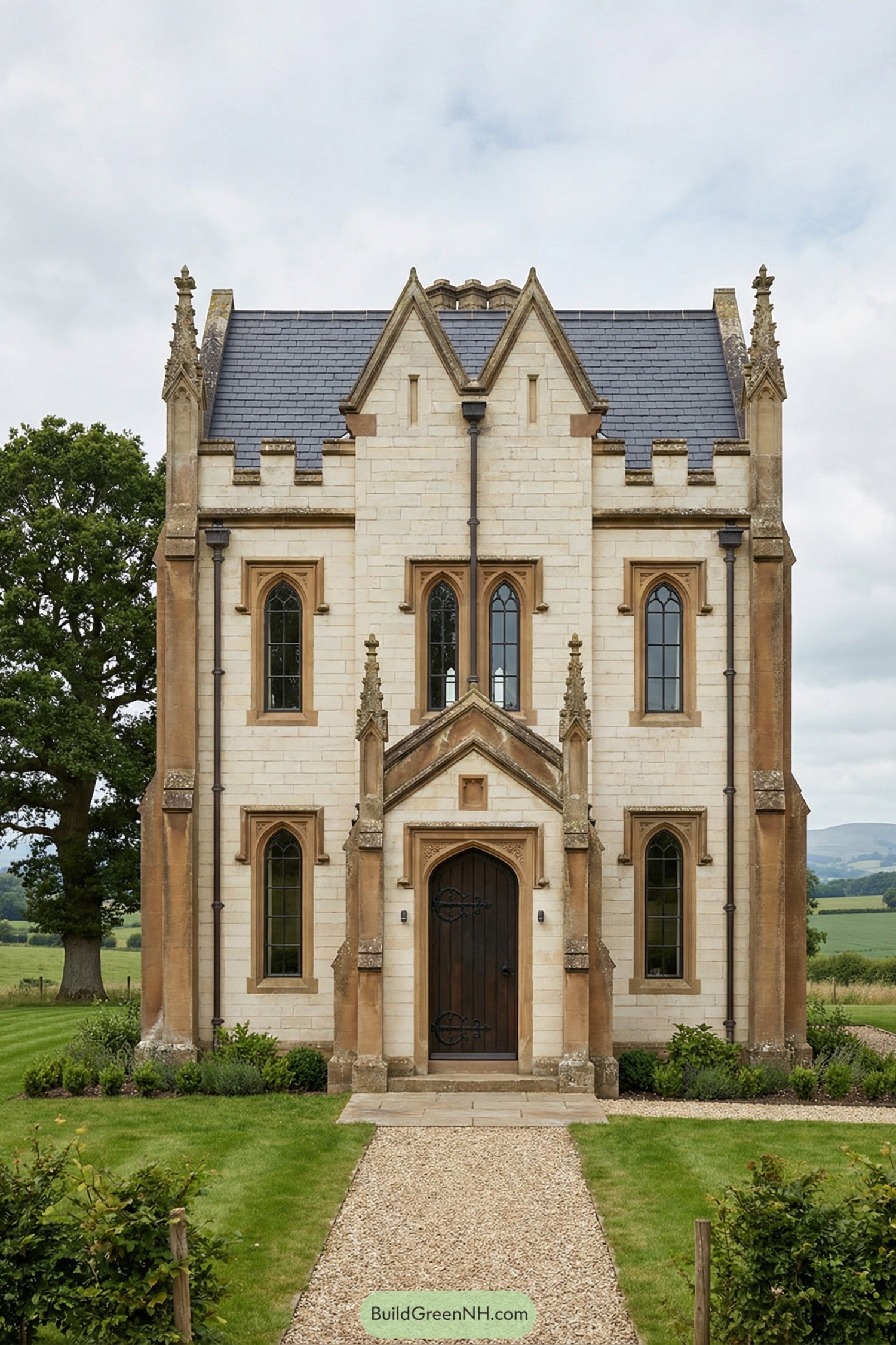 Tall cream stone Gothic cottage with pointed arches, slate roof, and ornate pinnacles set in open countryside