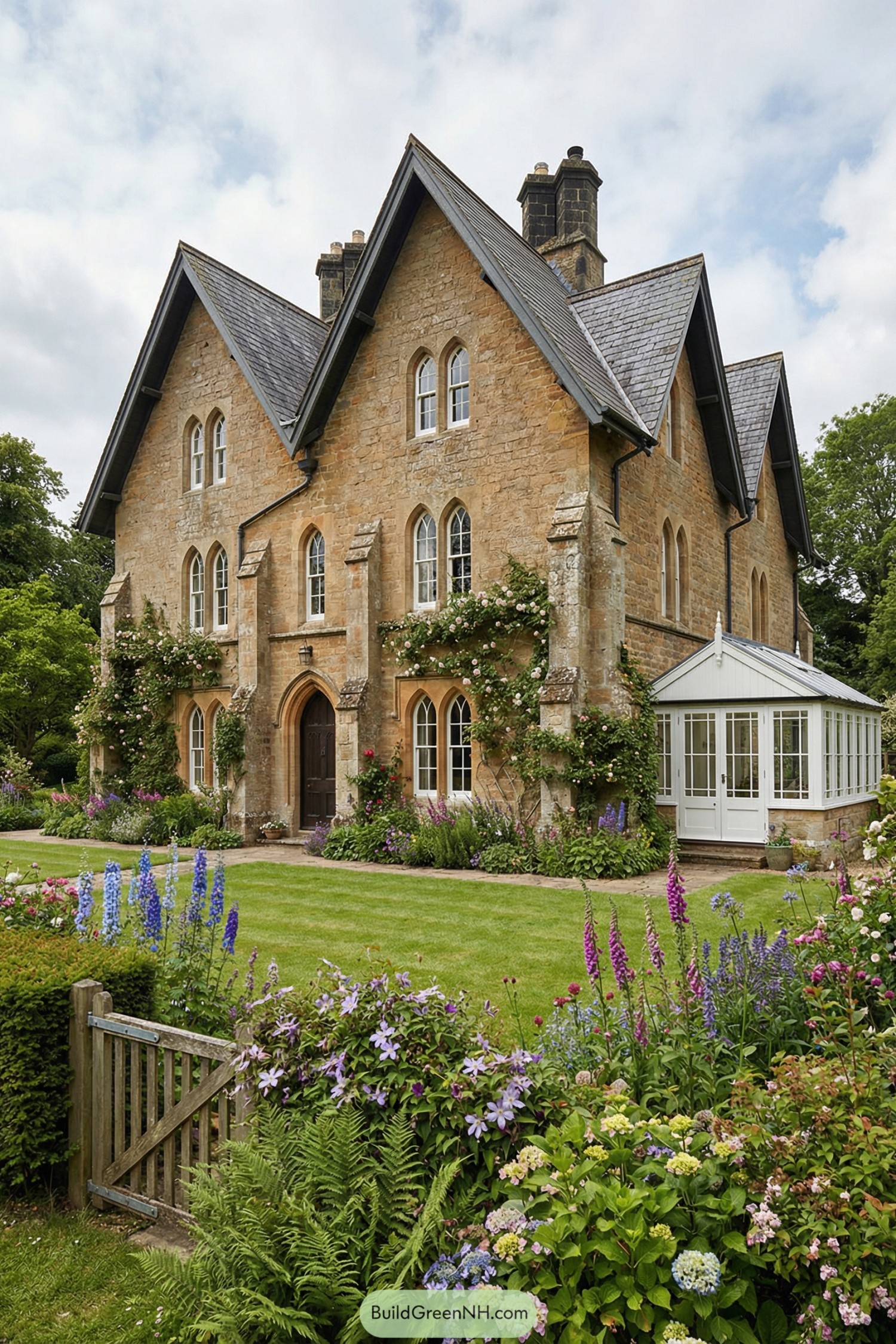 Stone gothic cottage with steep gables and lush gardens
