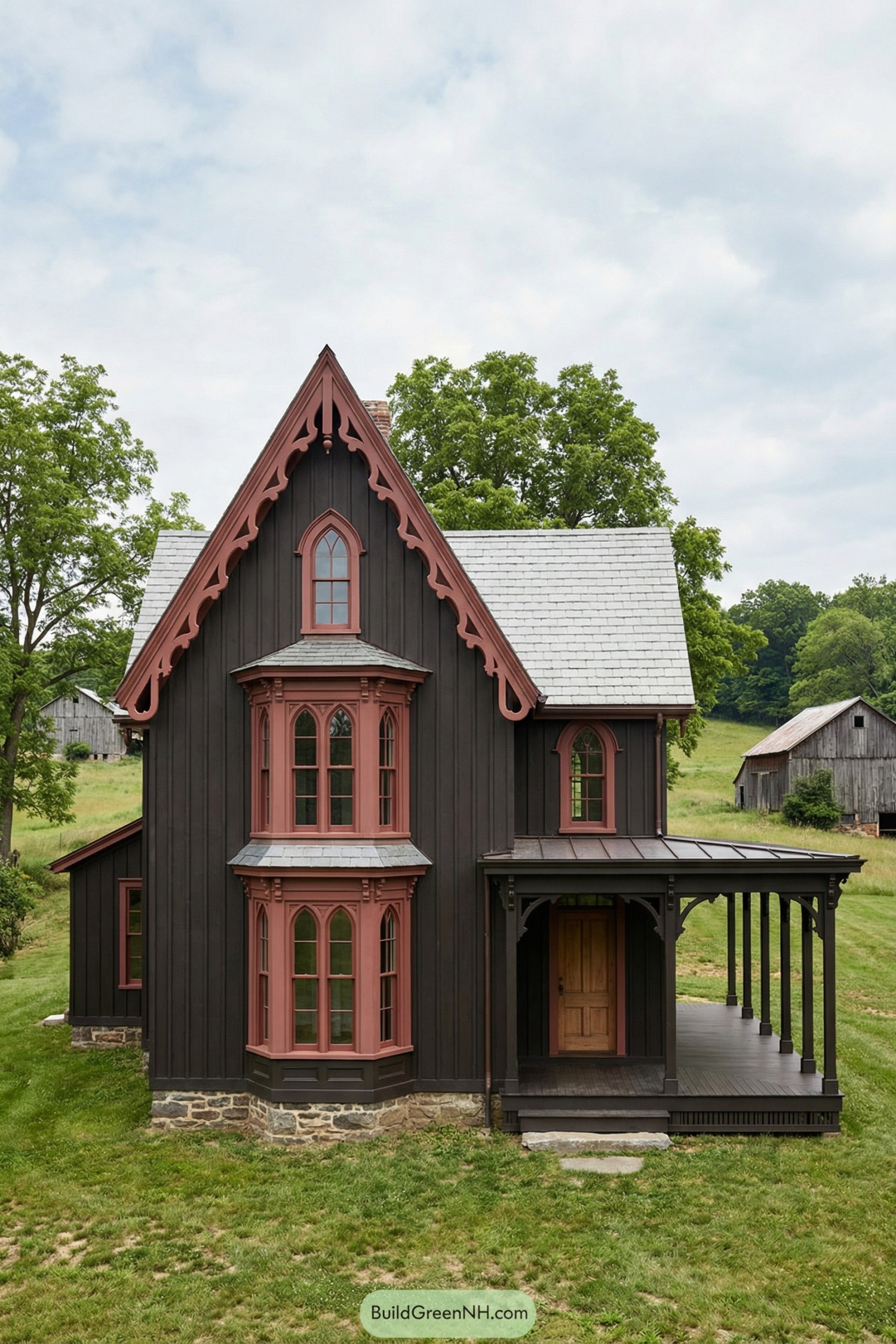 Dark Gothic-style farmhouse with pointed gables and red-trimmed windows on a grassy rural lot