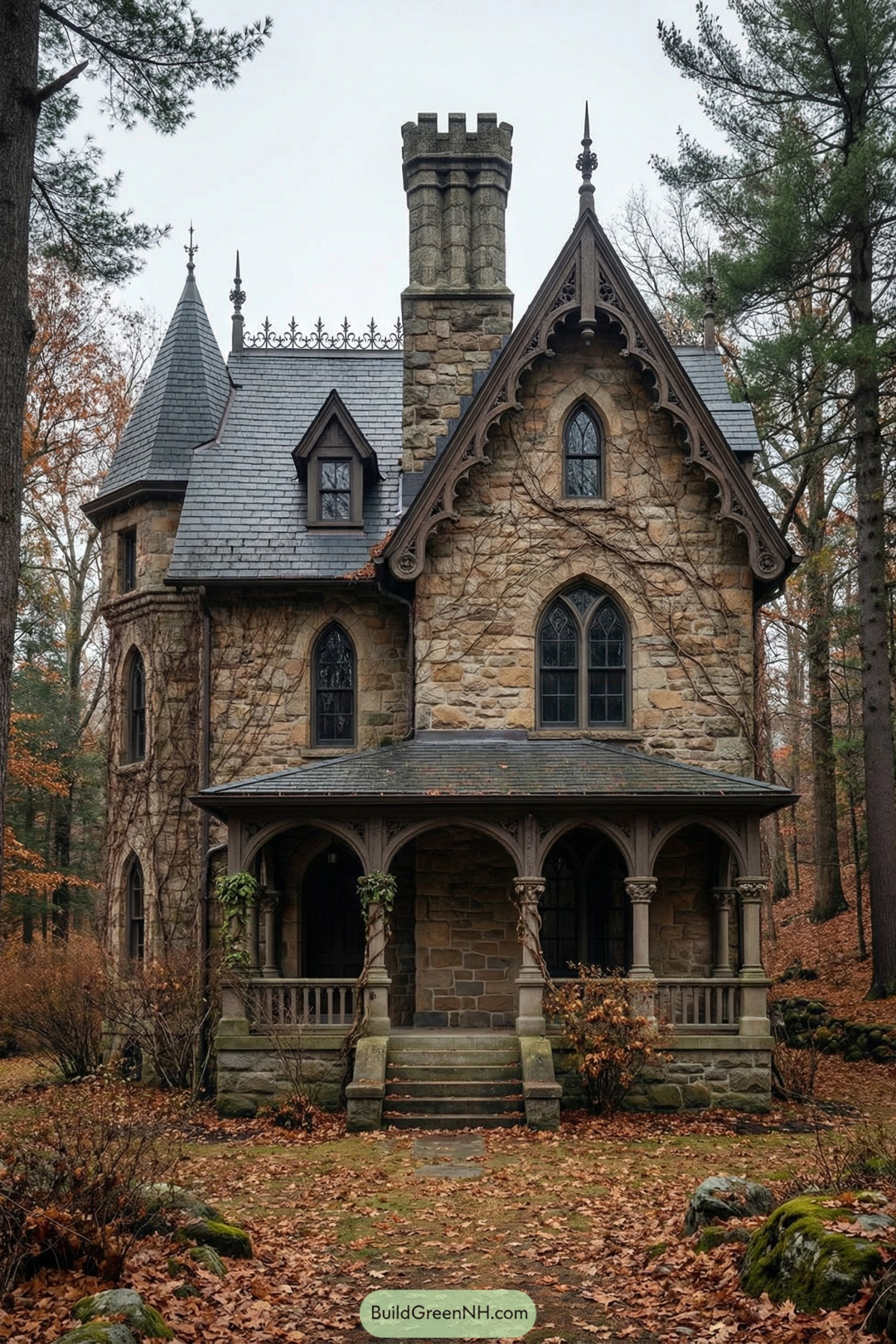 Stone gothic cottage with steep gables turret and arched porch nestled in autumn woods