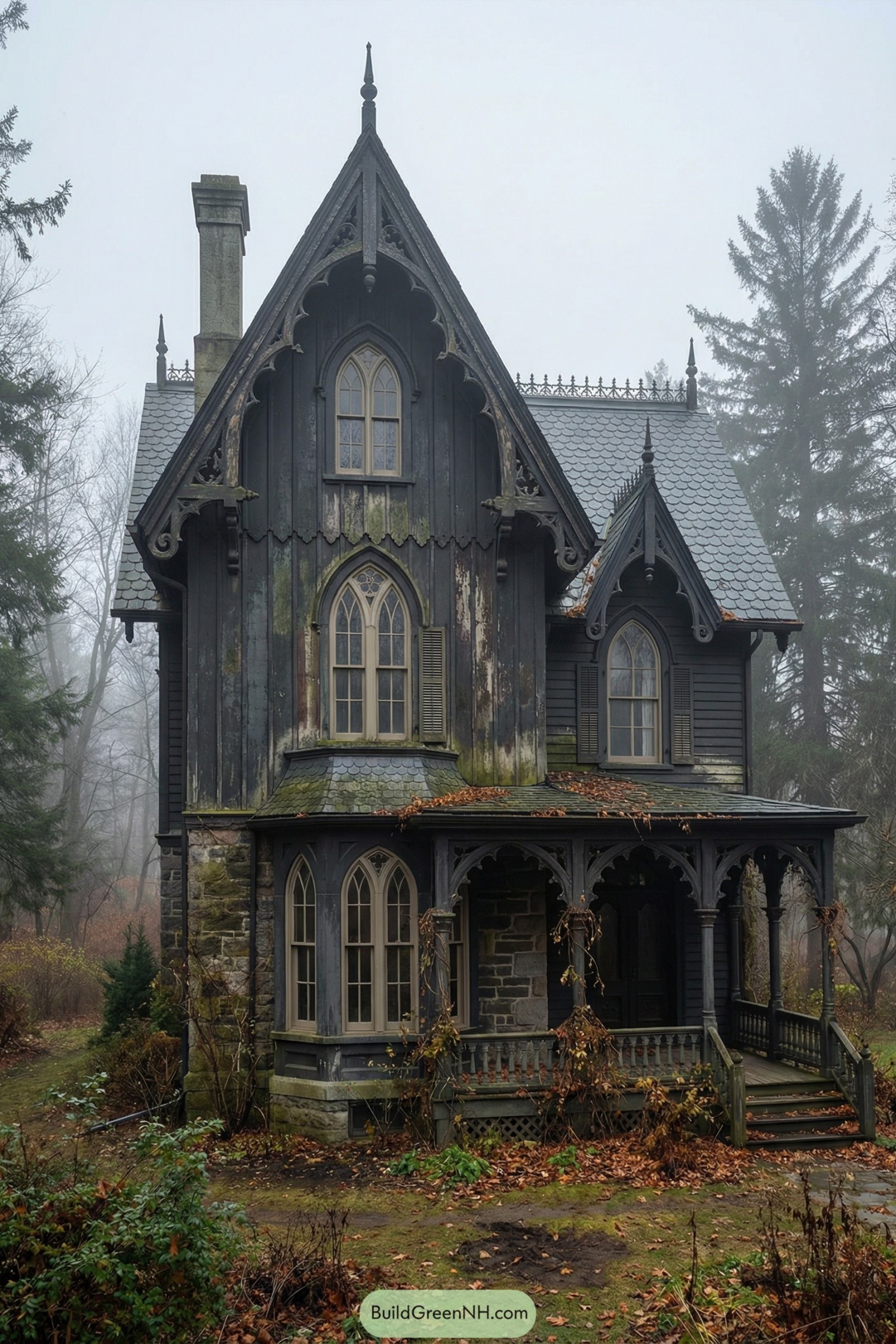 Dark weathered Gothic farmhouse with steep gables, arched windows, and a deep front porch in a misty landscape