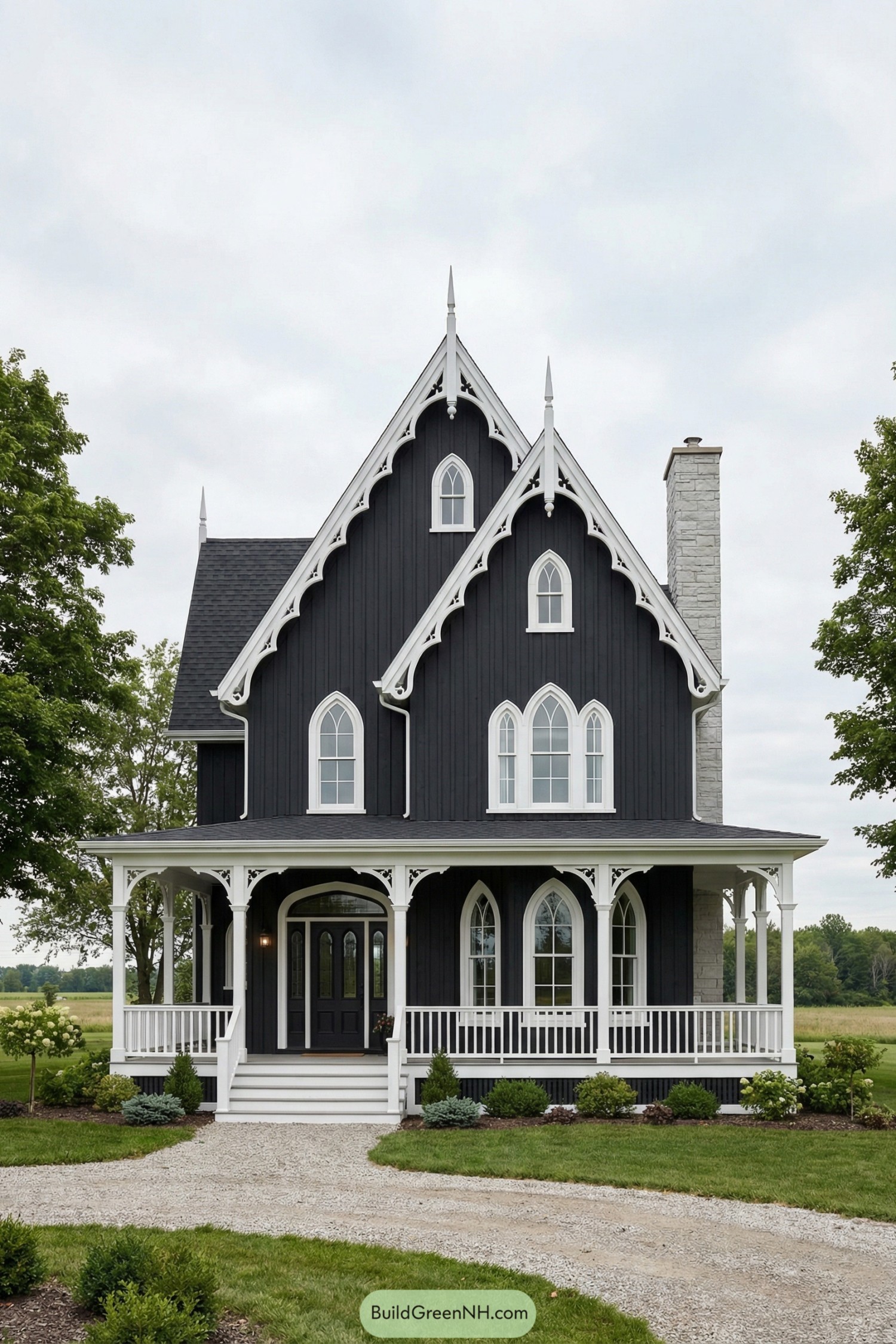 Black board-and-batten Gothic farmhouse with white trim and wraparound porch set in open countryside