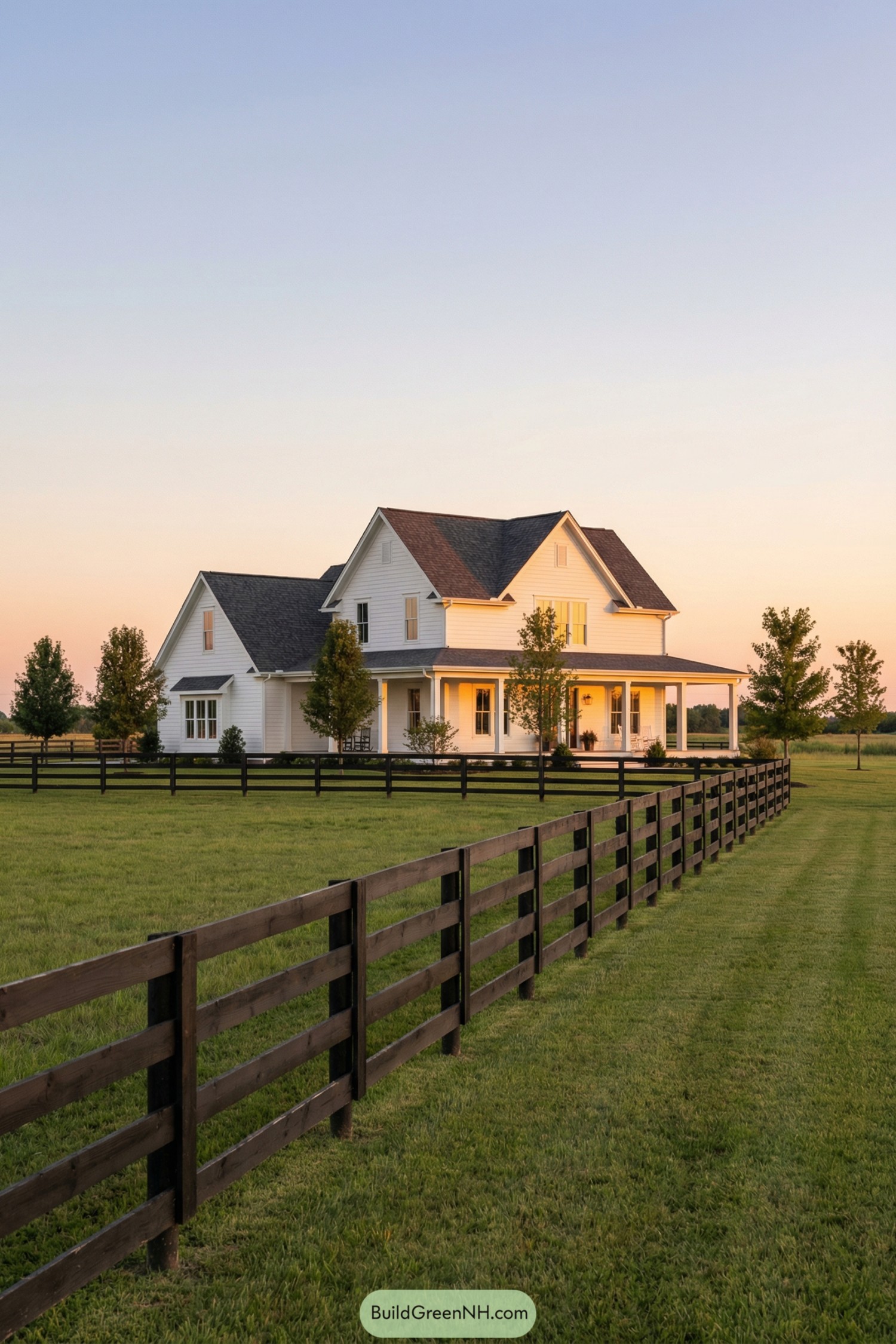 White farmhouse with wraparound porch and black rail fence at sunset