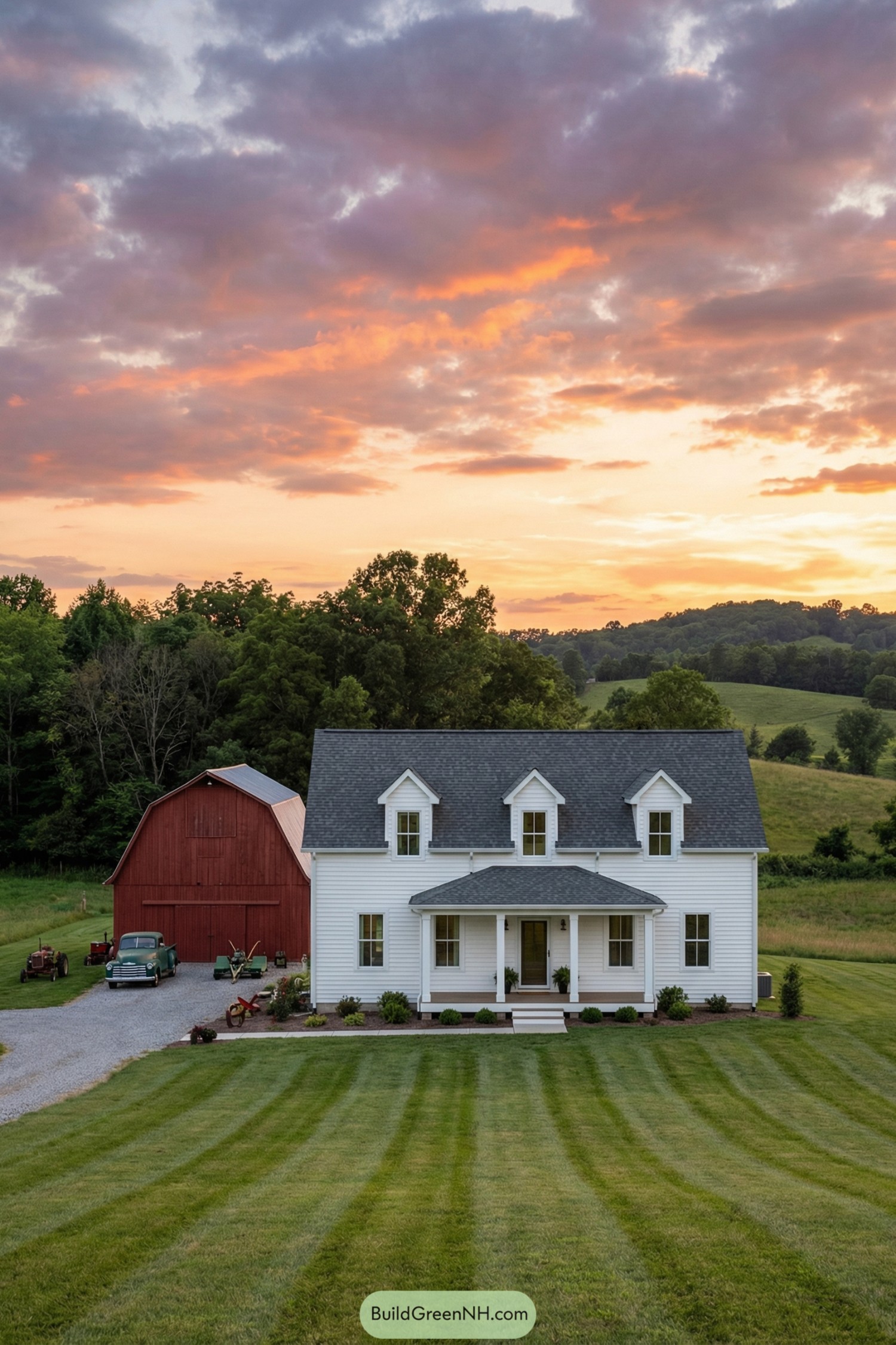 White farmhouse with front porch and red barn at sunrise in rolling countryside