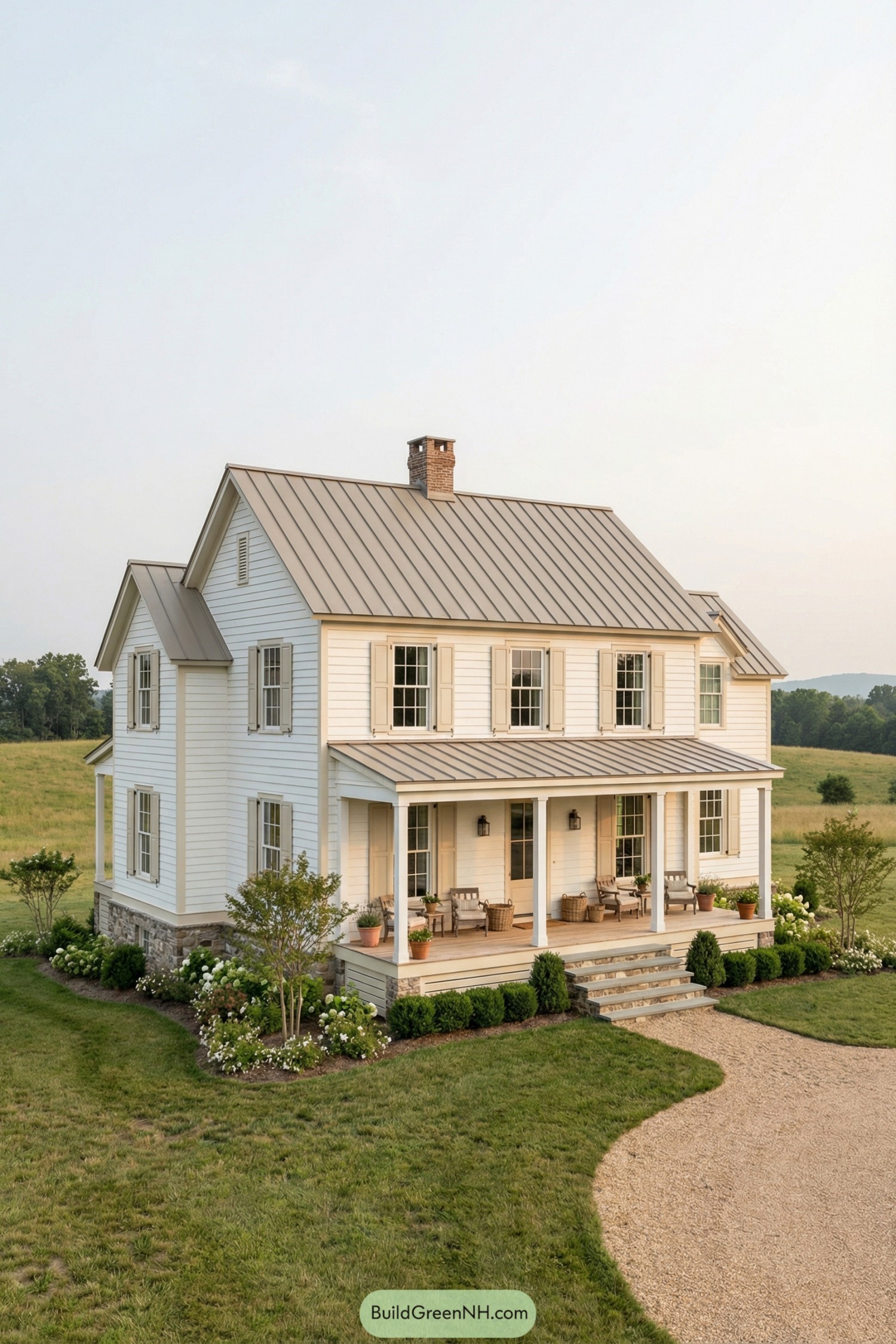 Two-story white farmhouse with metal roof, front porch seating, and neat landscaping set in open countryside