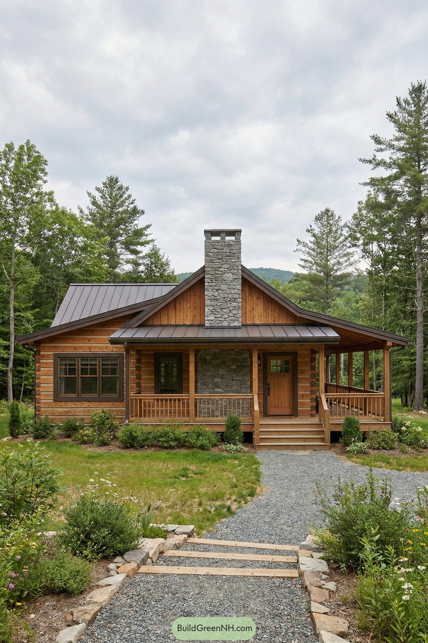 Small wood cabin with stone chimney and wraparound porch