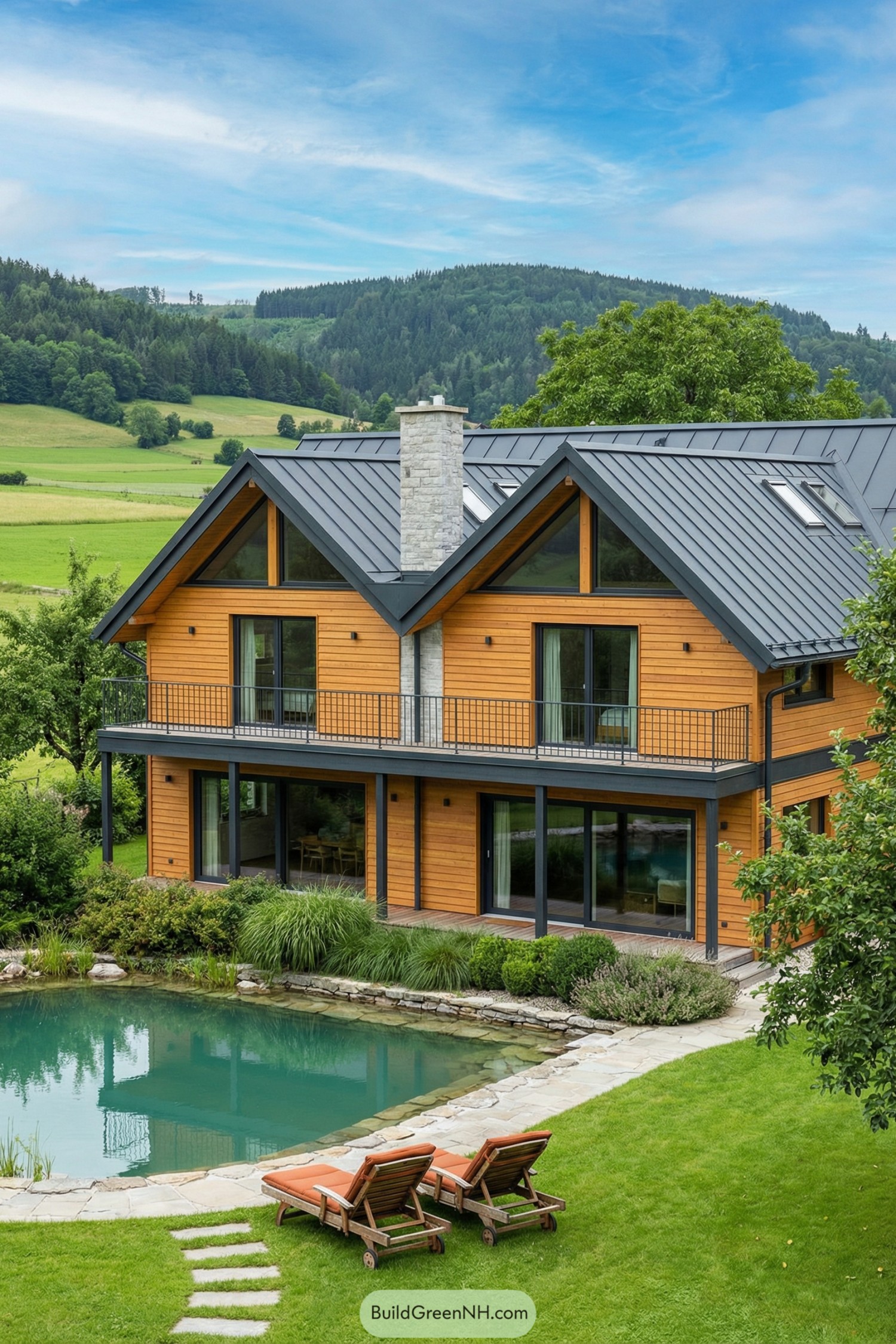 Two-story wood-clad country house with dark metal roof, balcony, and natural swimming pond in a green valley landscape