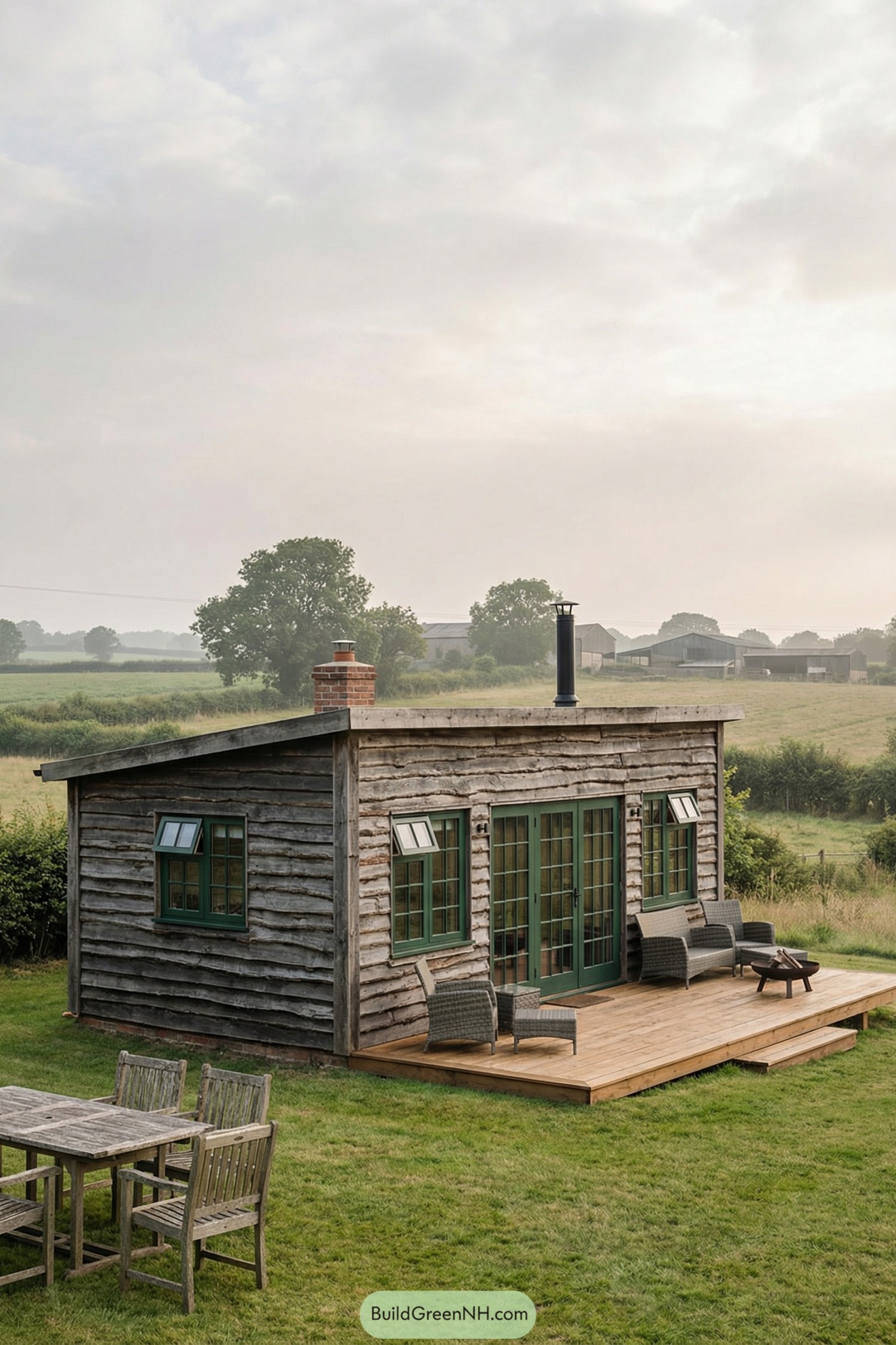 Small rustic cabin with weathered wood siding, green-trimmed windows, and a simple deck overlooking open fields