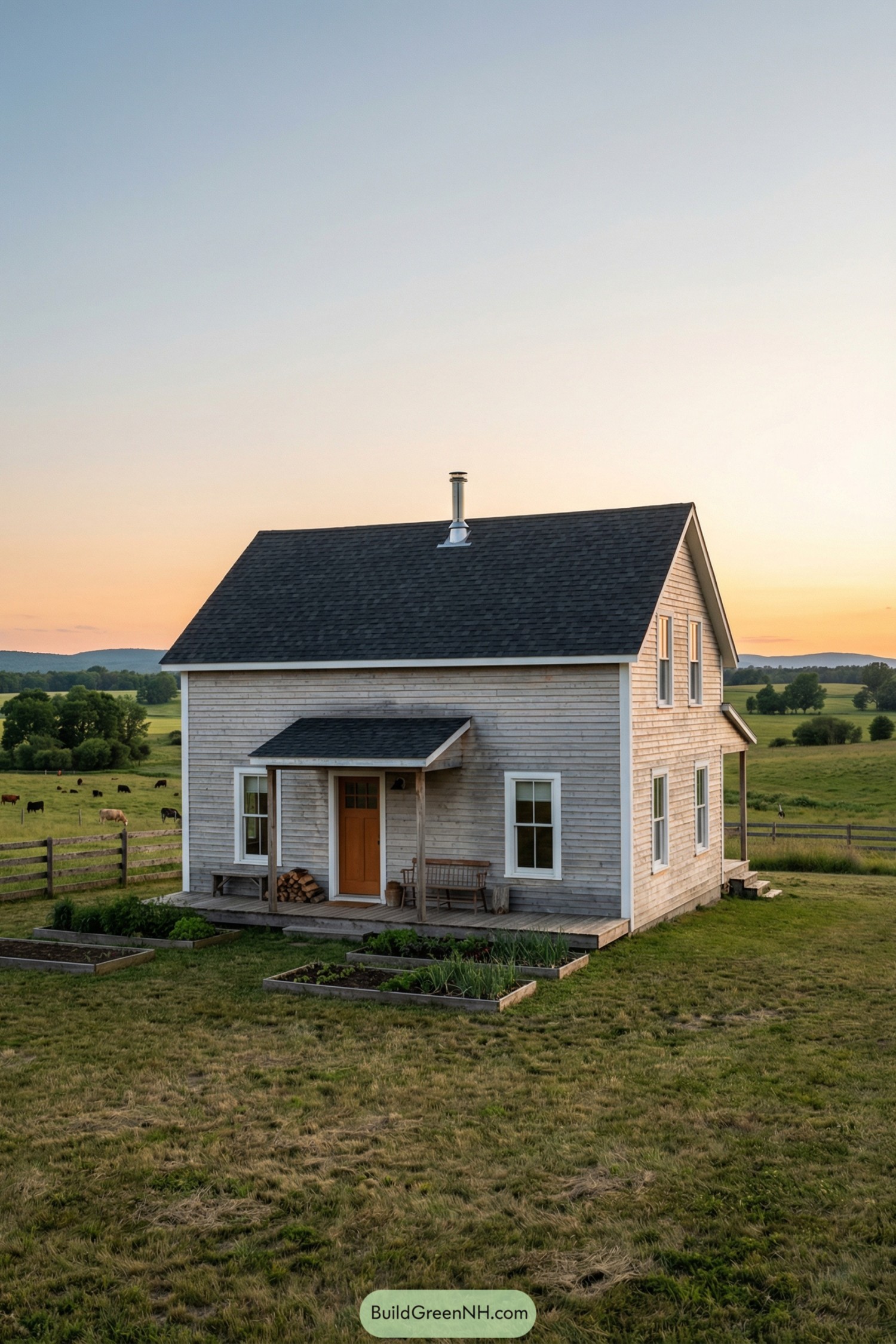 Small wood-clad farmhouse with front porch and garden beds in open pasture