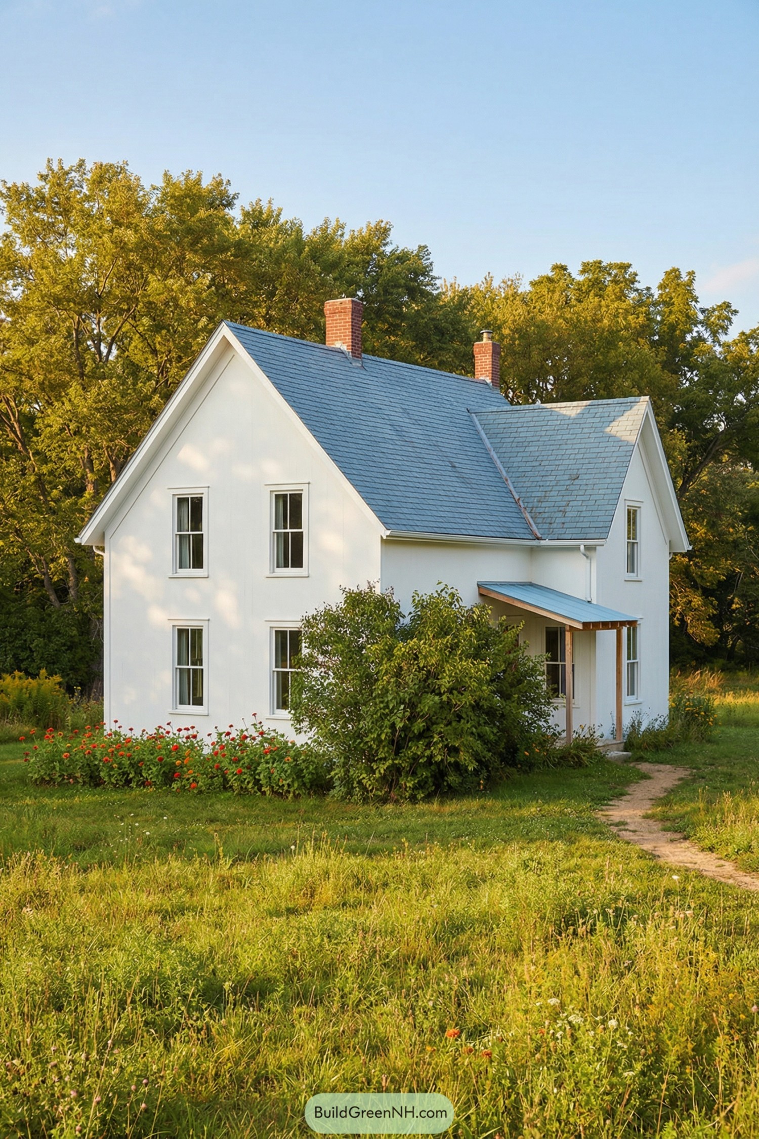 White farmhouse with blue gabled roof set in a grassy meadow