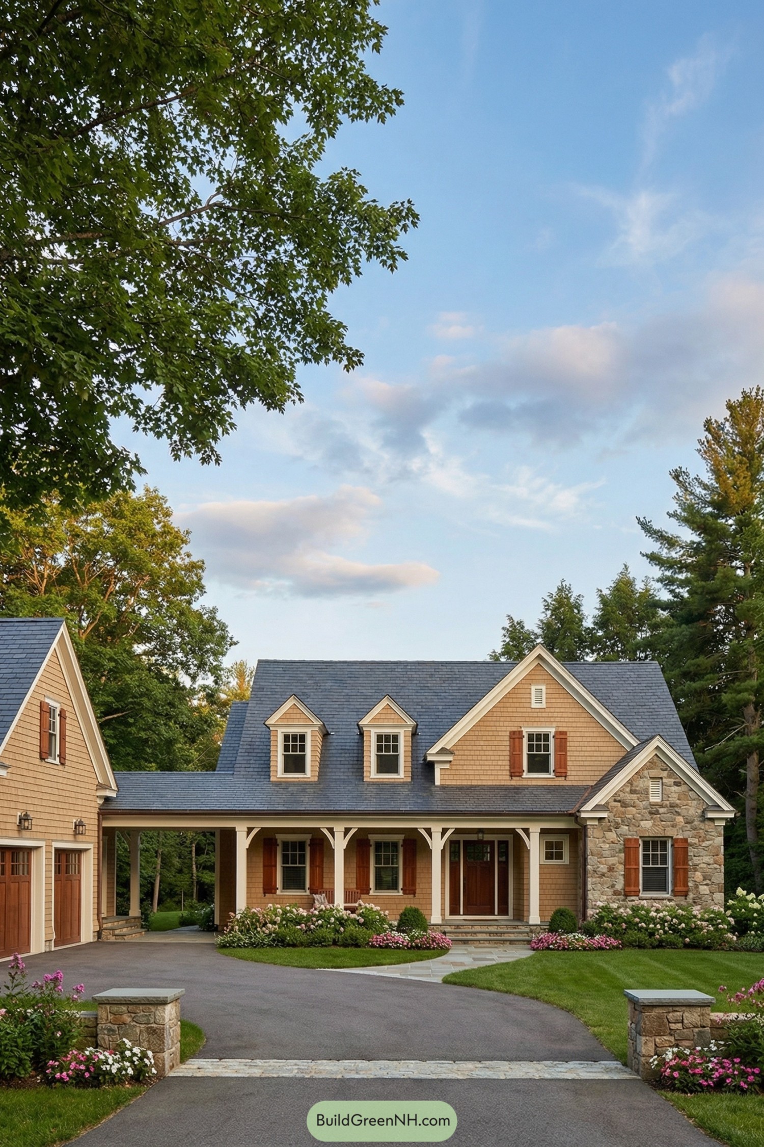 Tan shingle country house with porch and stone accents