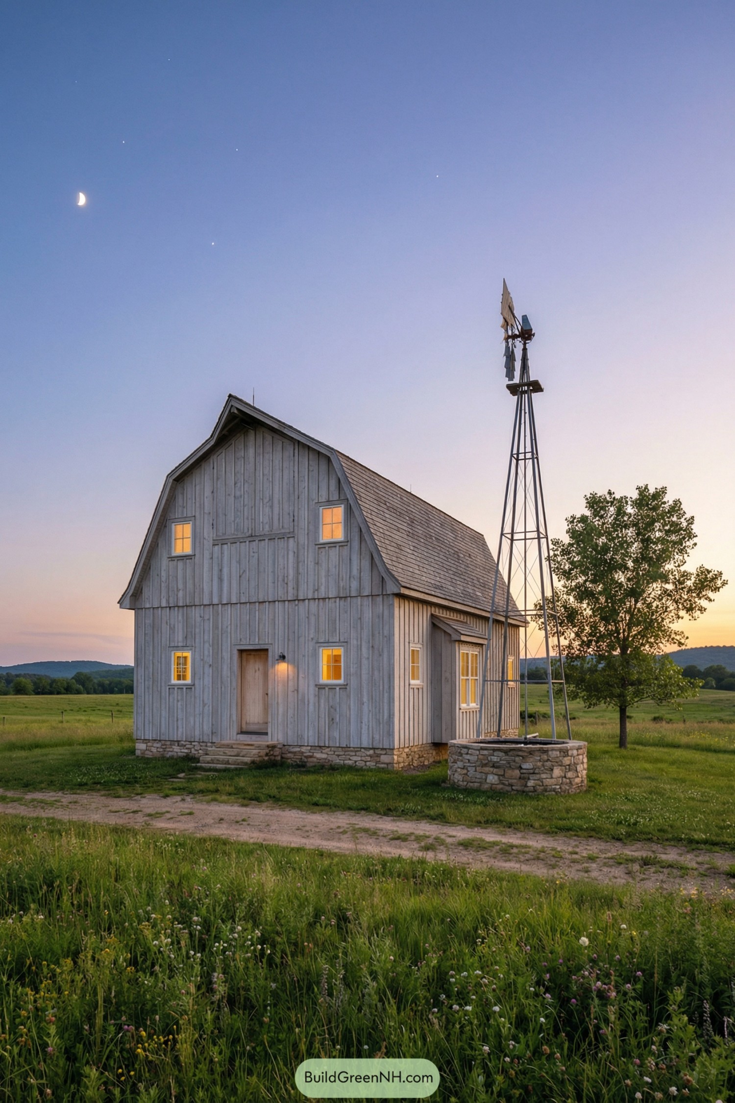 Compact barn-style cottage with gambrel roof and nearby windmill at dusk