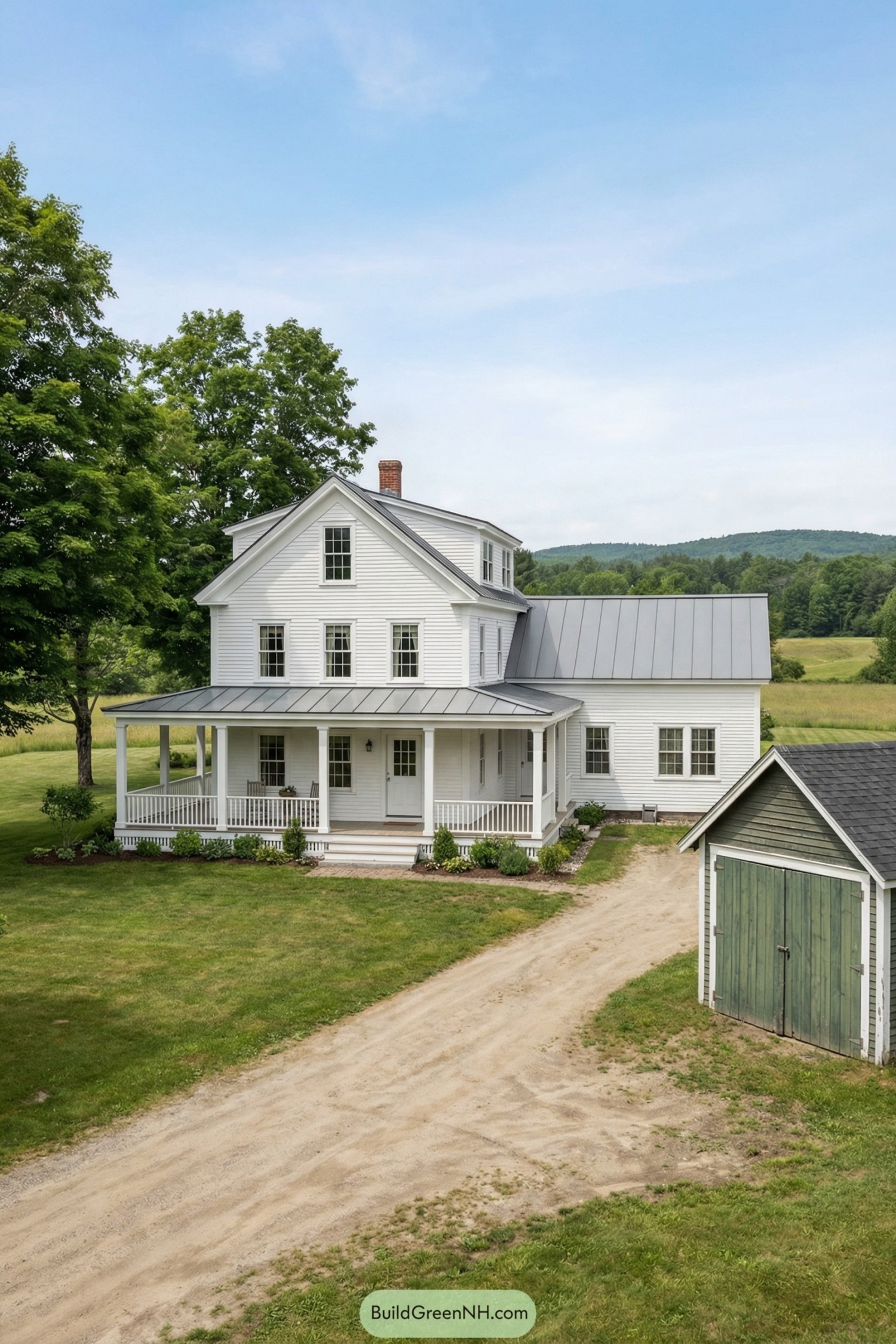 White farmhouse with wraparound porch and metal roof