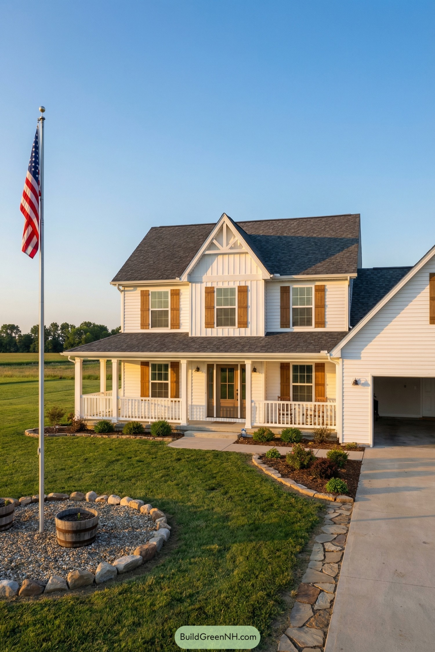 White farmhouse with front porch and wooden shutters