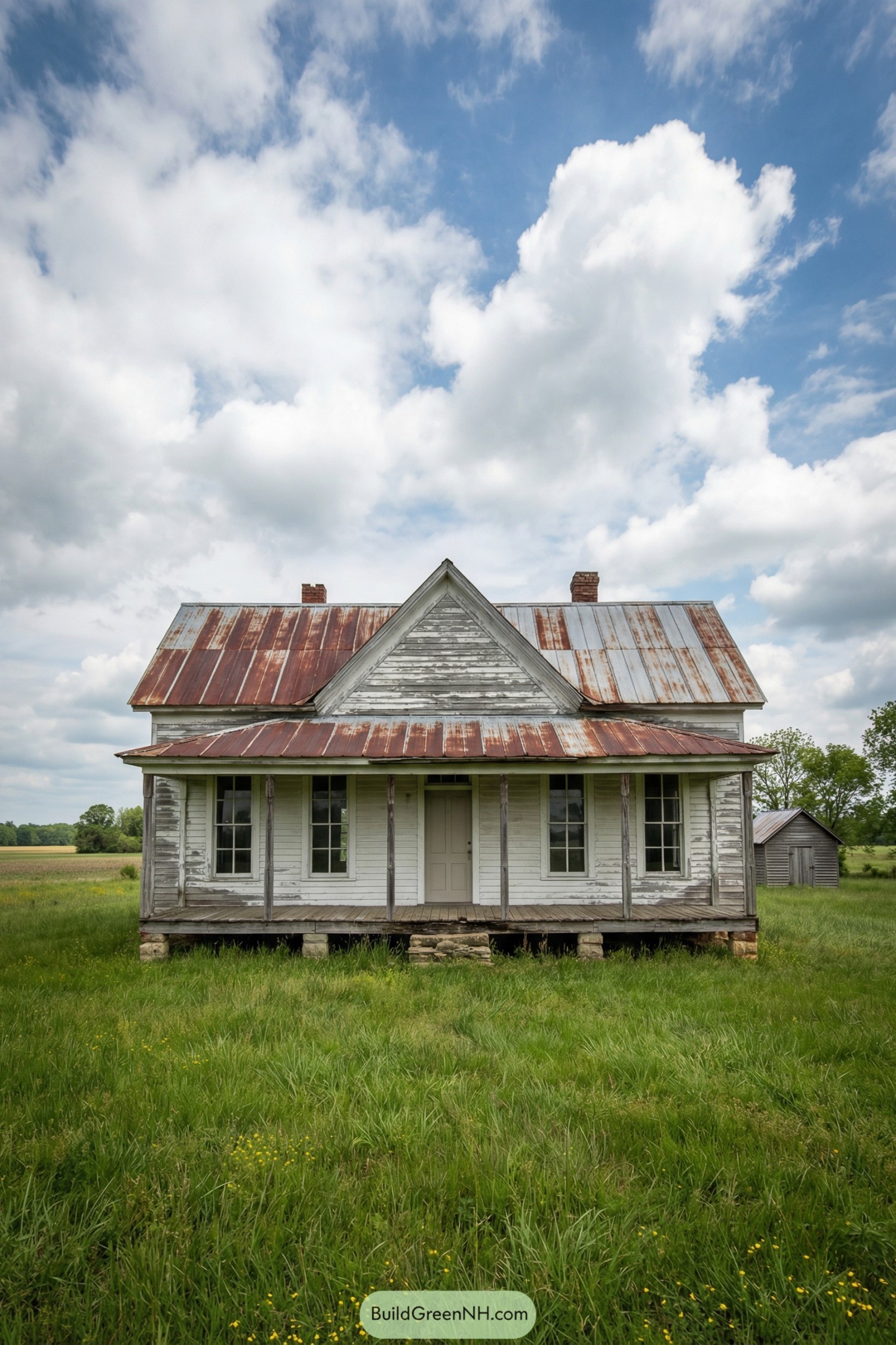 Old white farmhouse with rusted metal roof and deep front porch set in a grassy field