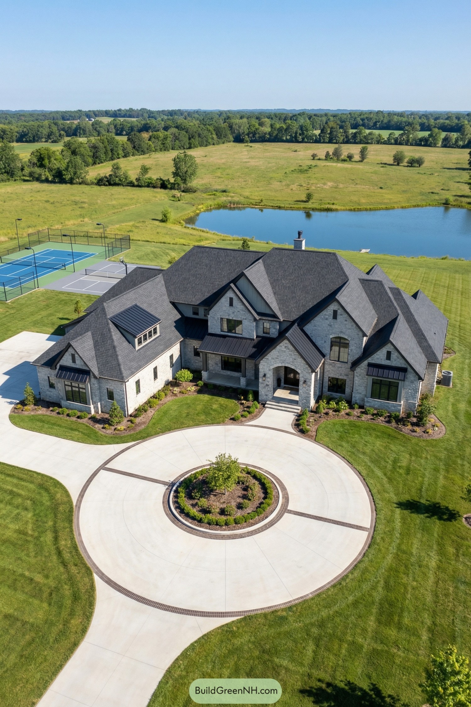 Aerial view of a large stone country mansion with circular drive, private pond, and tennis courts