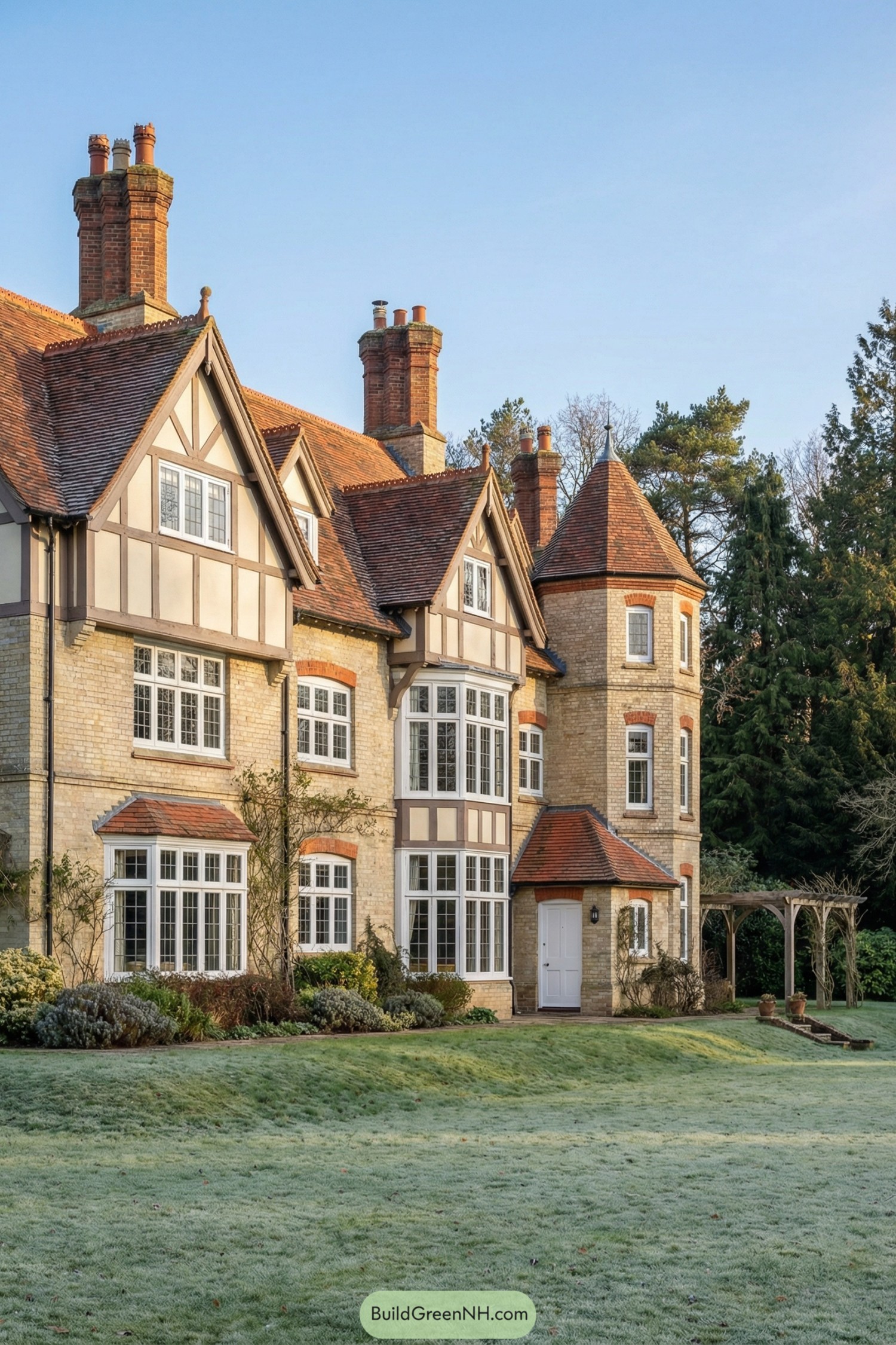 Large Tudor-style country house with brick, half-timbering, and tower surrounded by lawn and trees