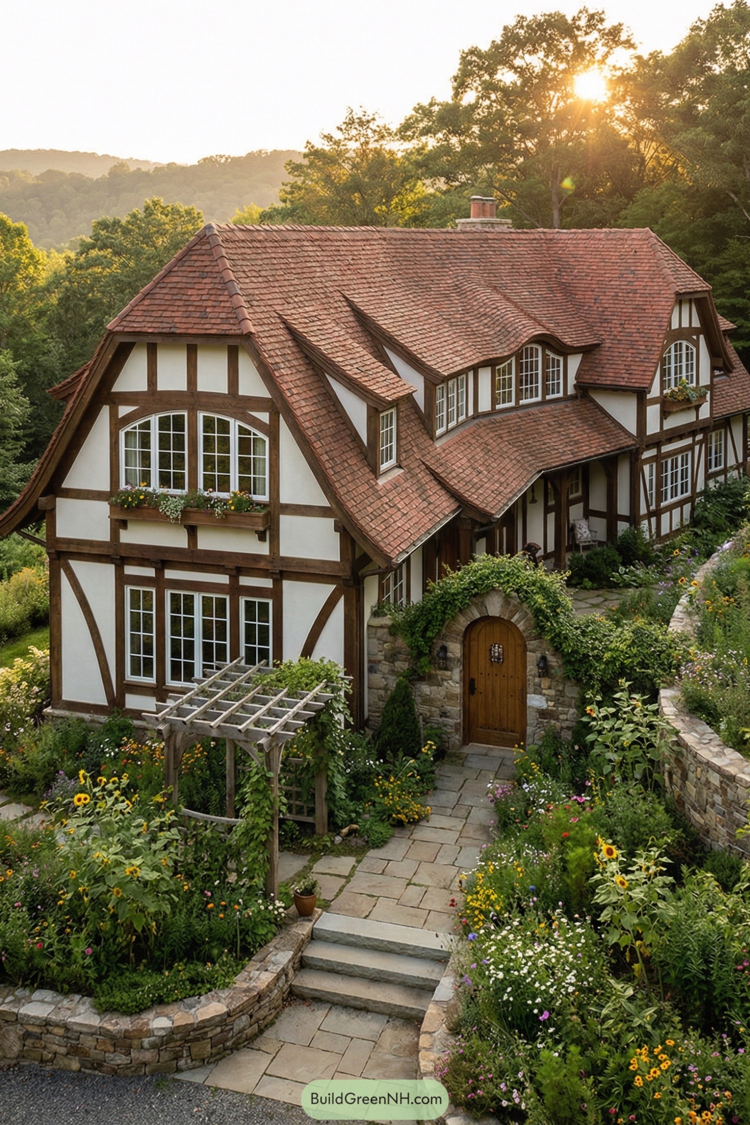Charming half-timbered country house with red tiled roof and lush stone-walled gardens
