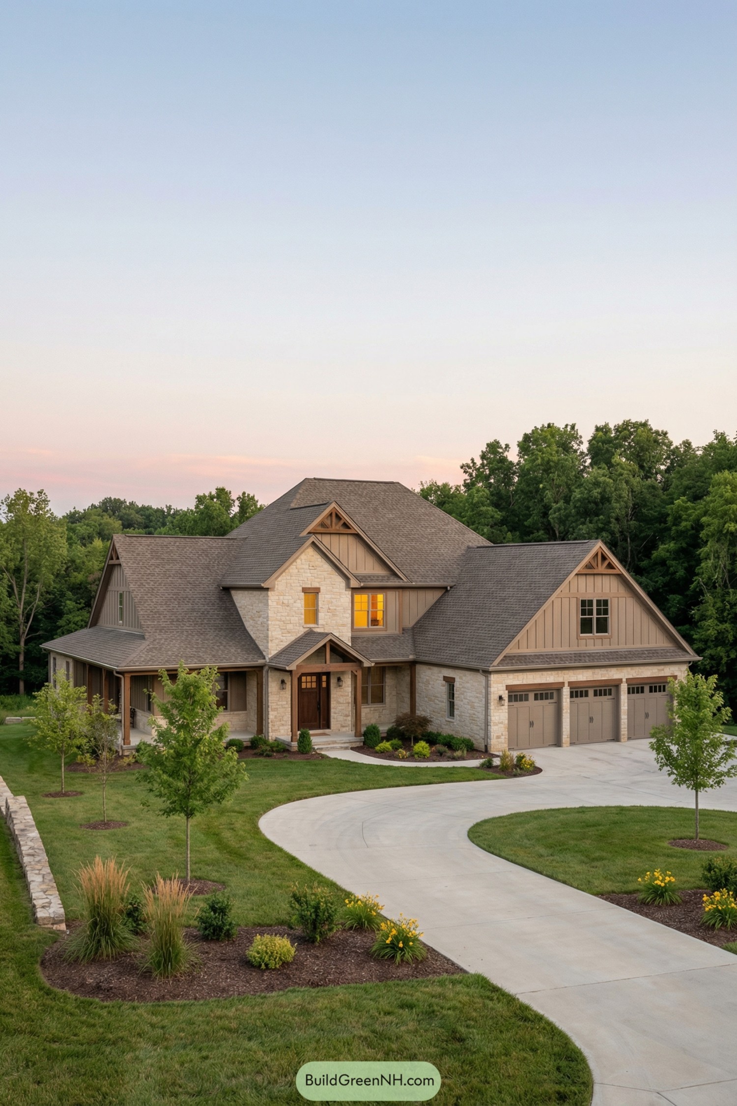Spacious stone-clad country house with three-car garage and curved driveway