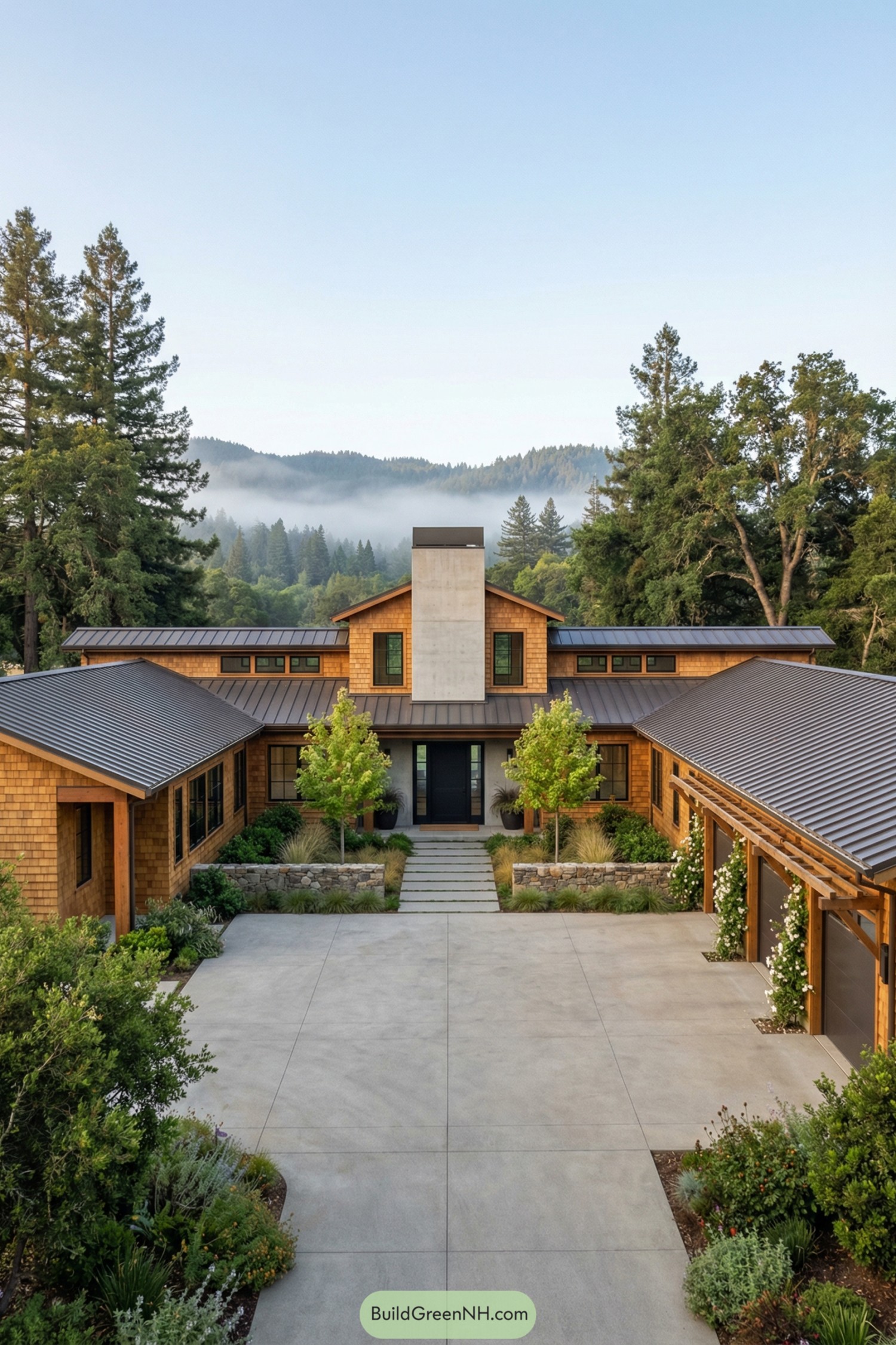 Warm wood-clad modern ranch home with central courtyard, metal roofs, and a backdrop of misty evergreen hills