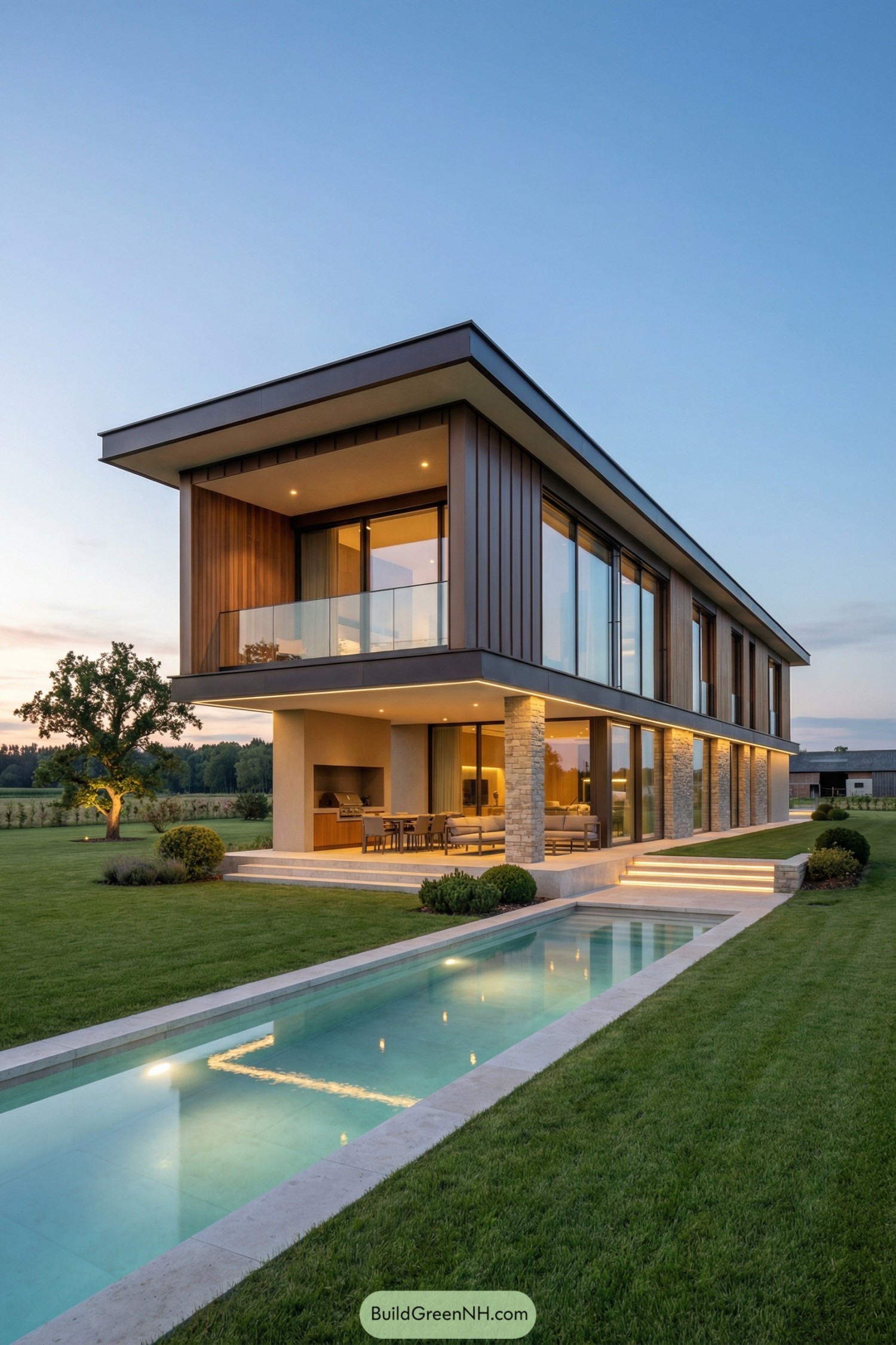Modern two-story rural mansion with glass walls, stone columns, and a narrow lap pool at dusk