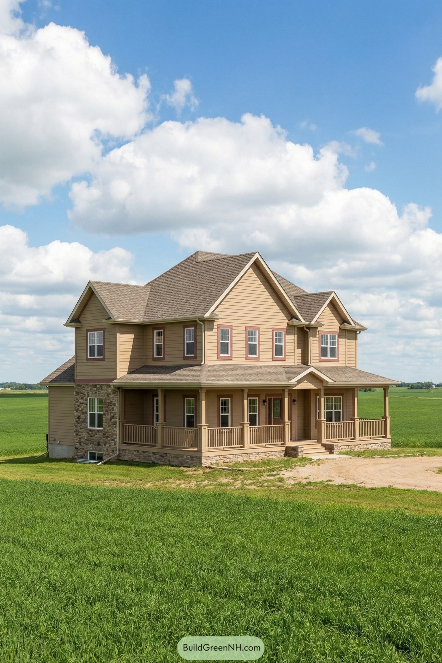 Two story tan farmhouse with gabled roof and wraparound porch set in open green fields