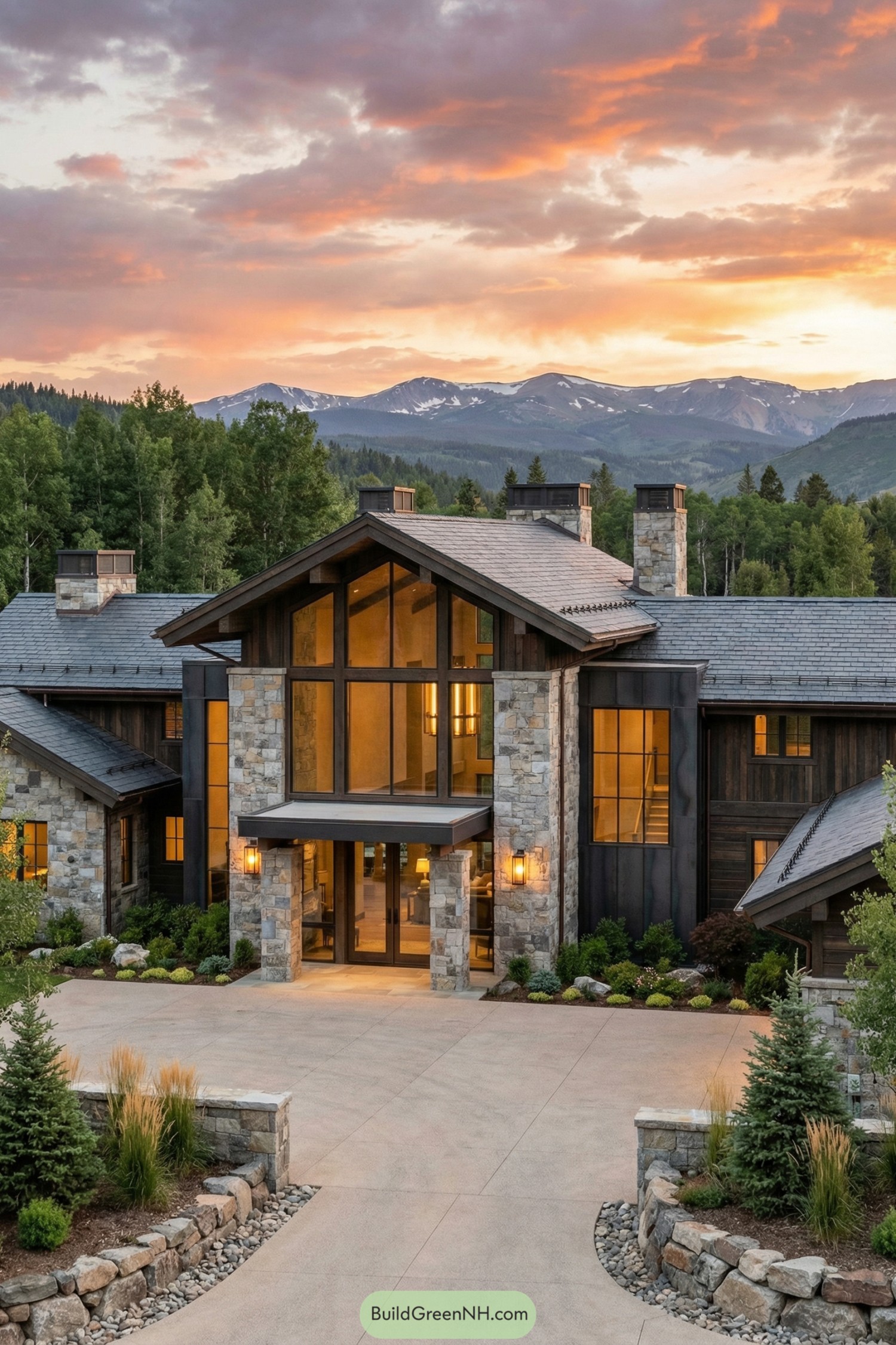 Modern stone and timber mountain mansion at sunset