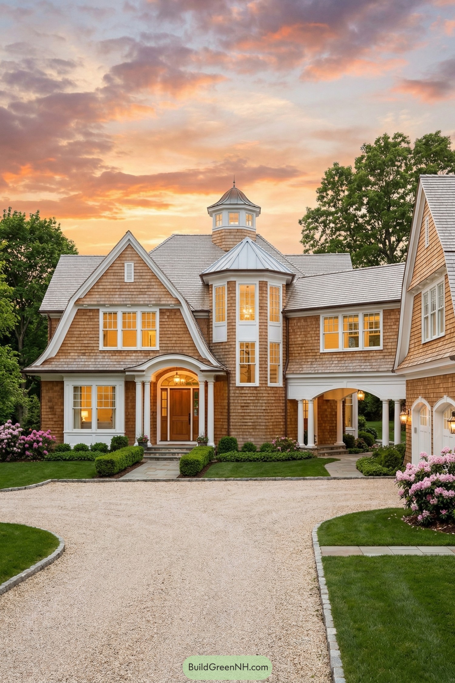 Large shingle-style country home with central tower at sunset
